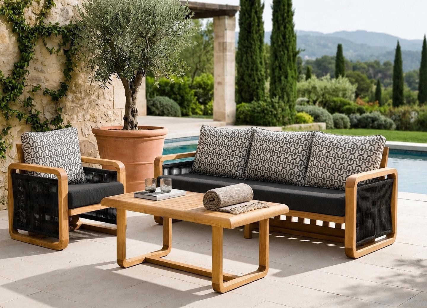 Xlmoebel Gartenlounge-Set Gartenlounge Set 3Sitzer Sofa Sessel Schwarz Kissen Modern, (Gartenlounge-Set, 3-tlg., 3-tlg), Abnehmbares Sitzkissen