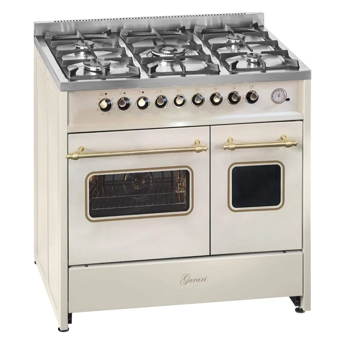 GURARI Gas-Standherd Retro-Design Creme Gas Elektro Standherd 90 cm Range Coocker GCH E 916 Cr R Retro Herd 90 cm mit Doppel Backofen, mit 1-fach-Teleskopauszug, 5-flammigen Gas-Kochfeld, 4,0 kW WOK, Erdgas,Fl.Gas