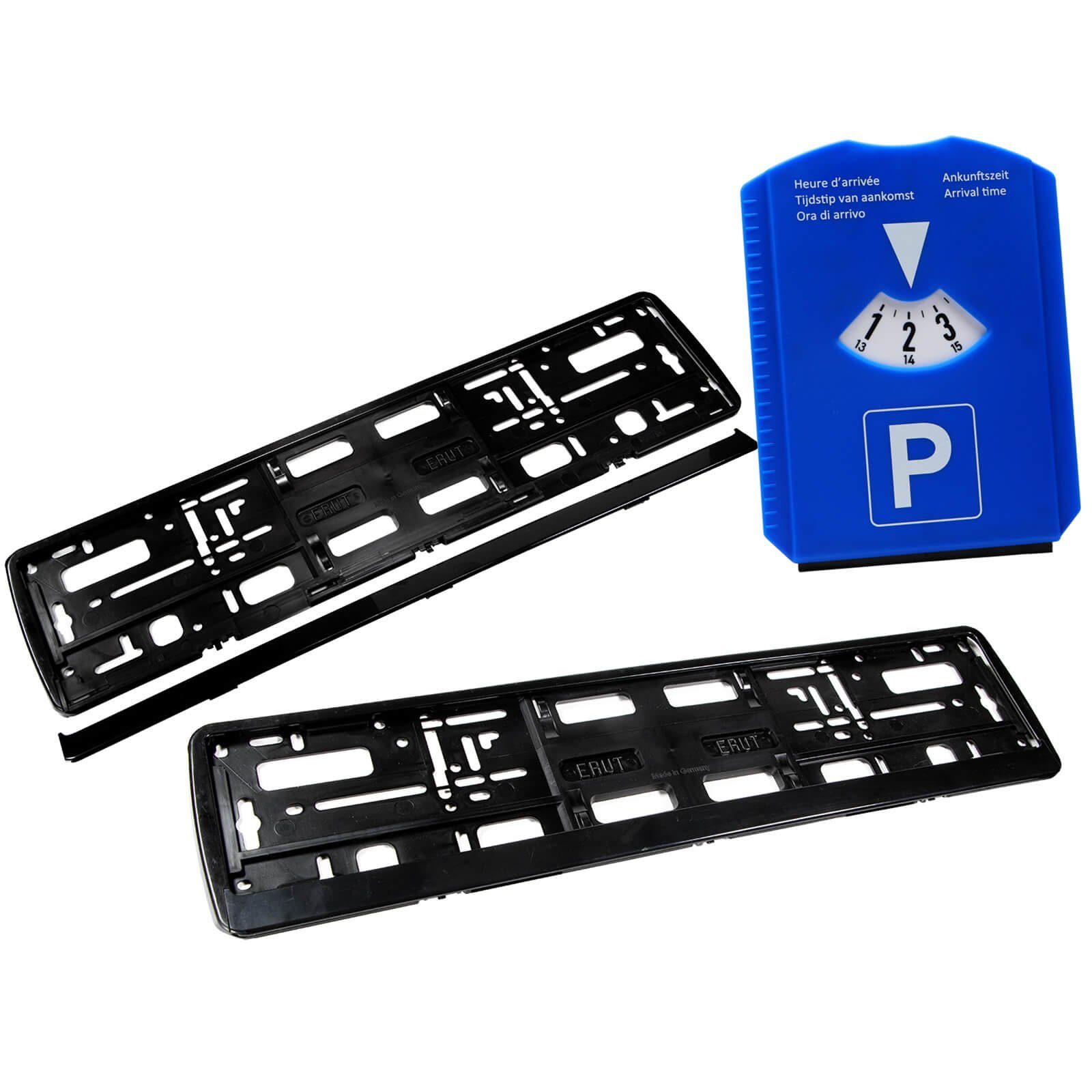 peveha24 Kennzeichenhalter 2x Kennzeichenhalter schwarz für  Standard-Kennzeichen 520x110 mm mit, (3-St), Nummernschildrahmen  Parkscheibe Set