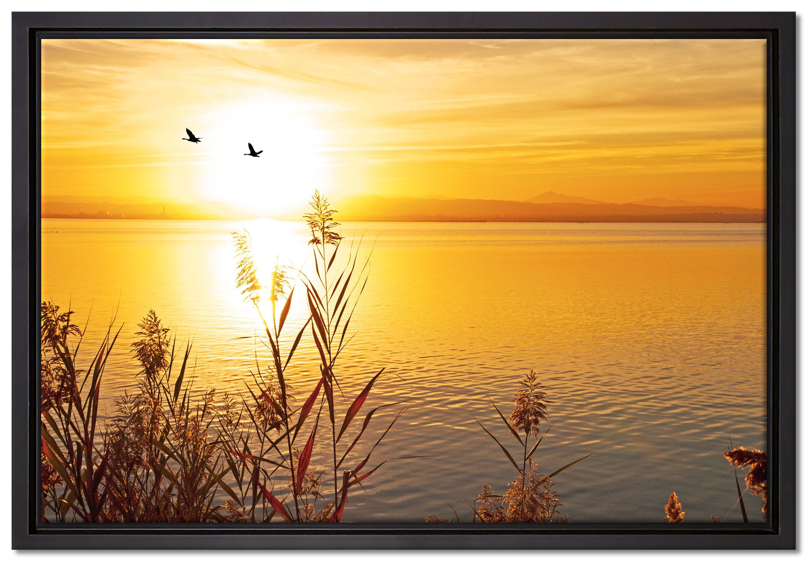 Pixxprint Leinwandbild Sonnenuntergang am See, Wanddekoration (1 St), Leinwandbild fertig bespannt, in einem Schattenfugen-Bilderrahmen gefasst, inkl. Zackenaufhänger