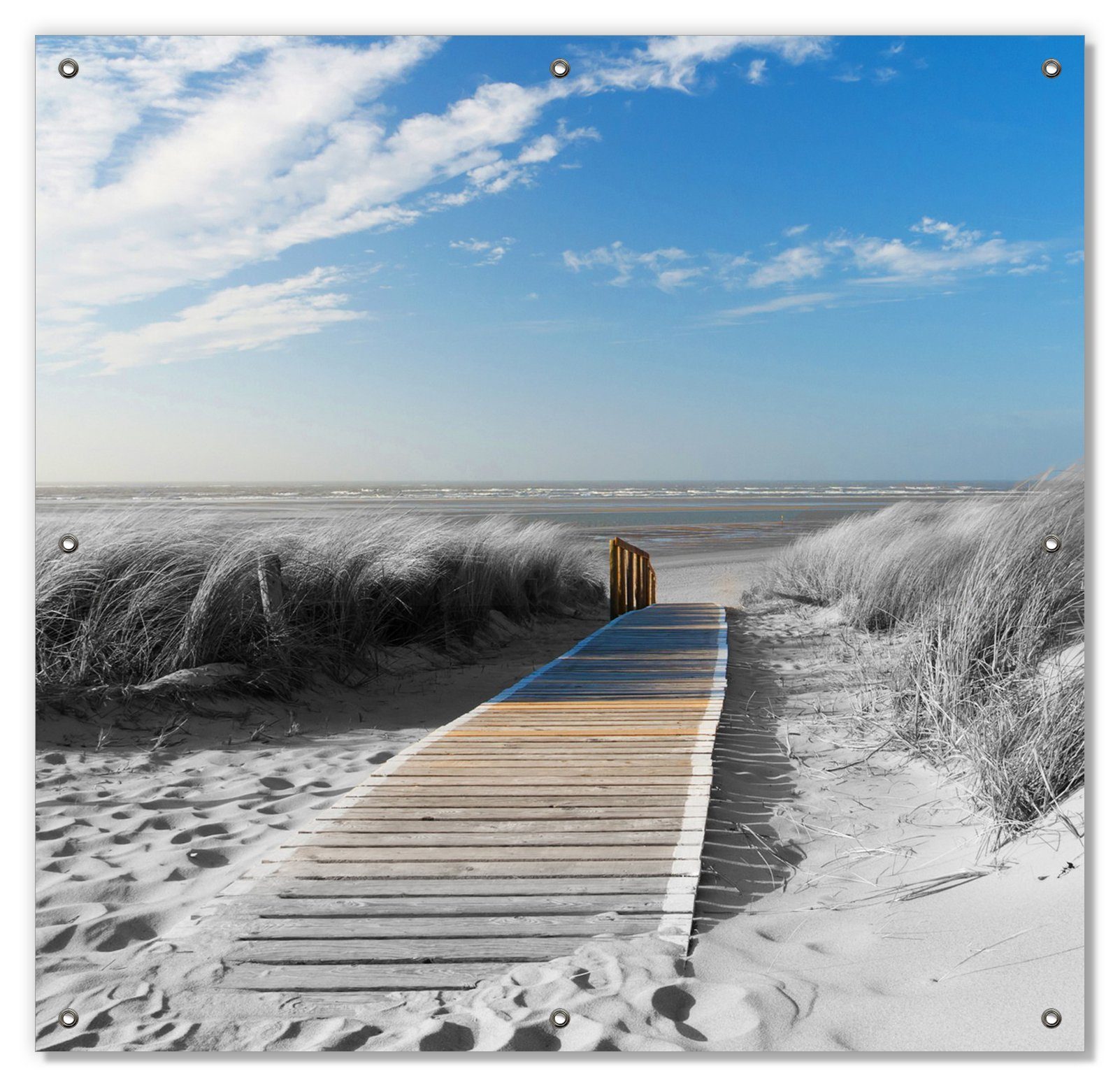 Sonnenschutz Auf dem Holzweg zum Strand in schwarz-weiß Optik, Wallario, blickdicht, mit Saugnäpfen, wiederablösbar und wiederverwendbar