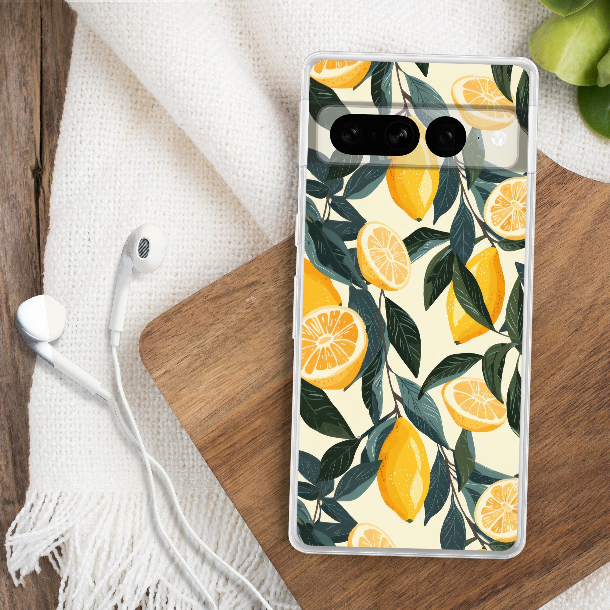 MuchoWow Handyhülle für Google Pixel 7 Pro Zitronen - Früchte - Blätter - Gelb - Grün - Be, Phone Case, Silikon, Schutzhülle Dünn