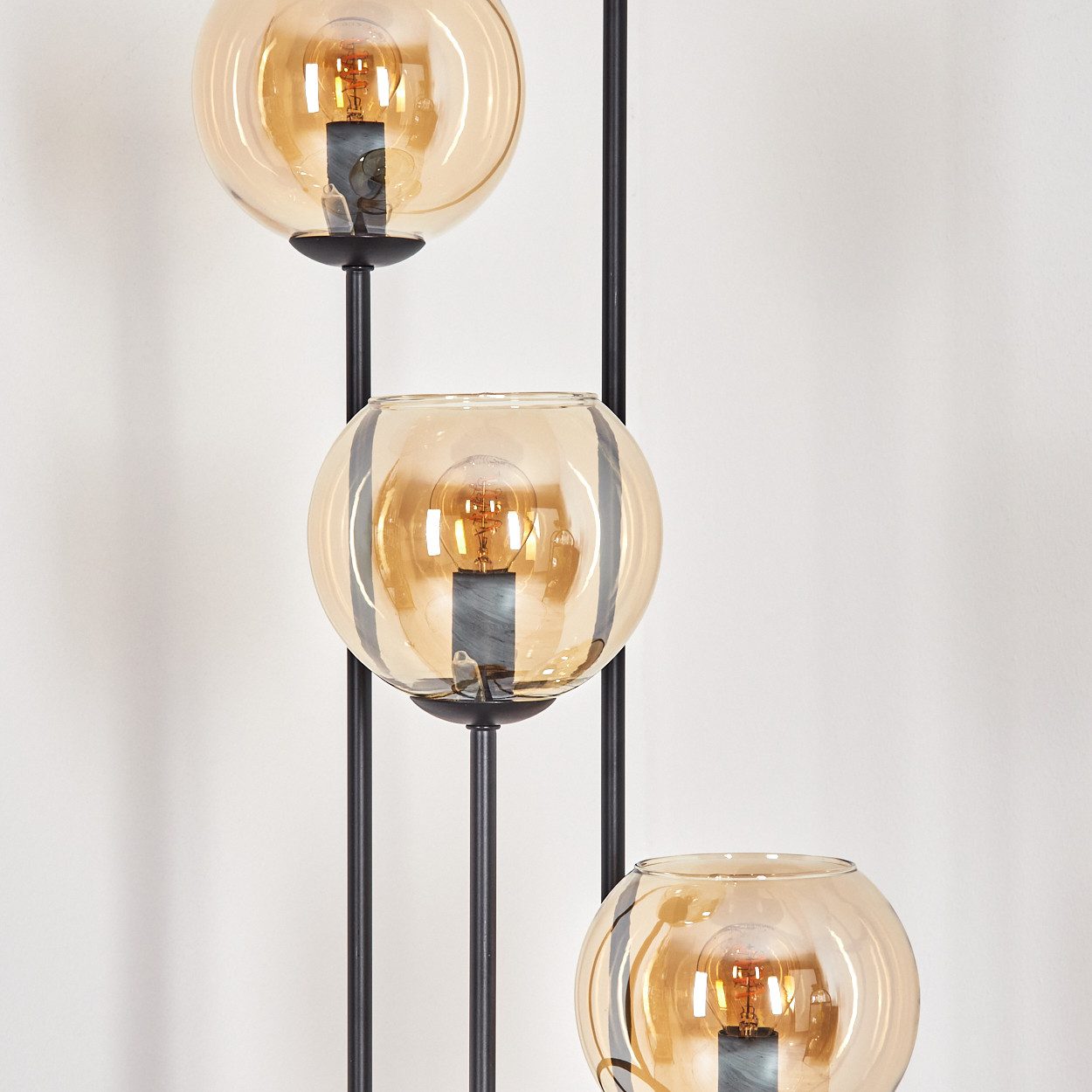 hofstein Stehlampe Stehlampe aus Metall/Holz/Glas in Schwarz/Natur/Bernsteinfarben, ohne Leuchtmittel, Stehleuchte im Retro-Design m. Glasschirmen (15cm), Fußschalter, E14