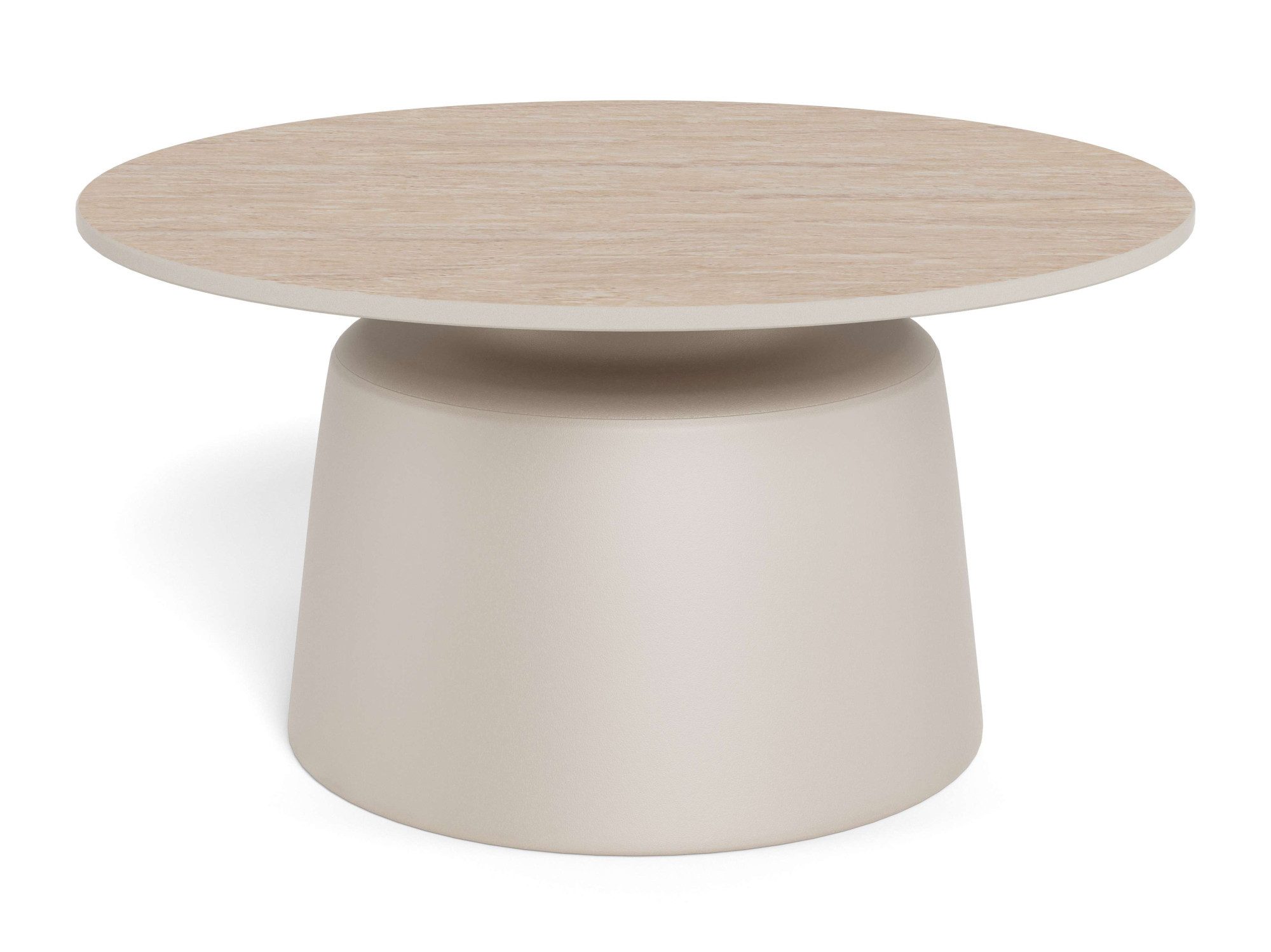ACTONA GROUP Couchtisch Santorini Kaffetisch - modern & stilvoll mit langlebiger Keramikplatte, Hellbeige Travertin-Keramik, graues Stahlgestell. Ø: 70 cm