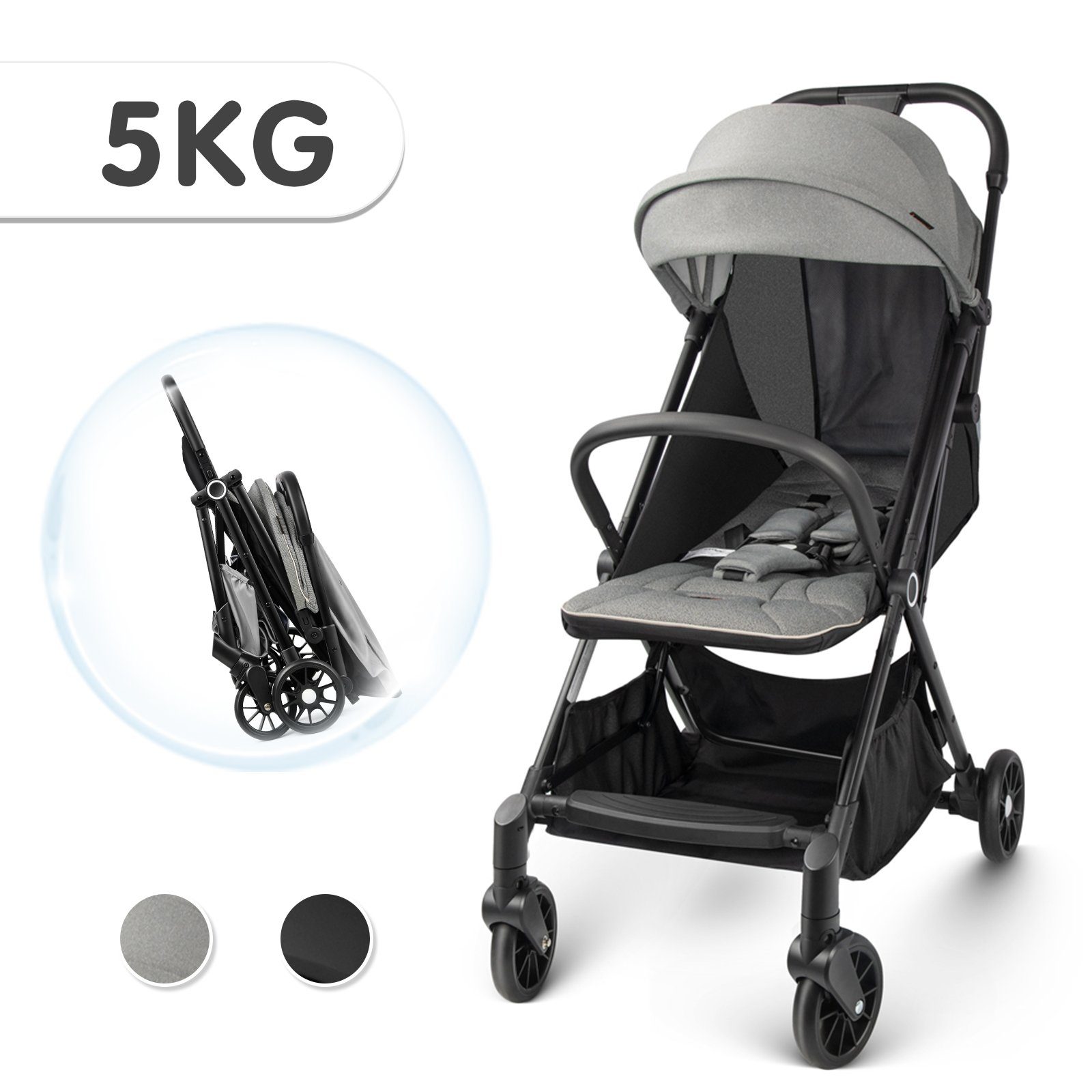besrey Kinder-Buggy Besrey Kinderwagen buggy ultraleichter Reisebuggy faltbarer Babywagen mit einem Handgriff Allrad Stoßdämpfer 5kg Grau/Schwarz, Ein-Knopf-Faltmechanismus