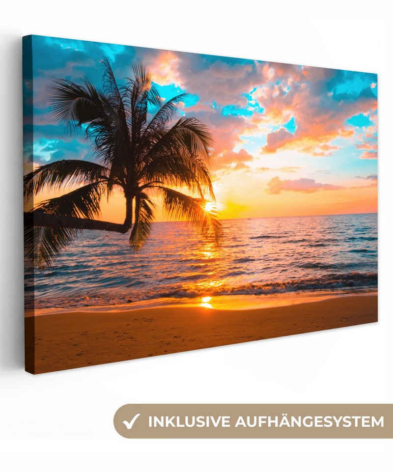 OneMillionCanvasses® Leinwandbild Palme - Sonnenuntergang - Horizont - Strand - Meer - Tropisch, (1 St), Wandbild Leinwandbilder, Aufhängefertig, Wanddeko, 30x20 cm