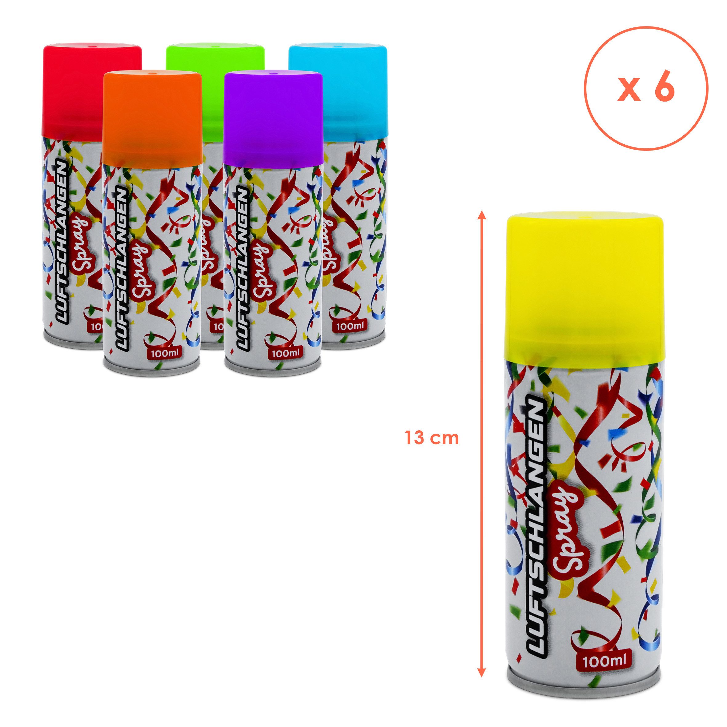 Spetebo Luftschlange Luftschlangenspray 100 ml fluoreszierend, 6er Pack - Karneval Deko Sprüh Luftschlangen in 6 bunten Farben