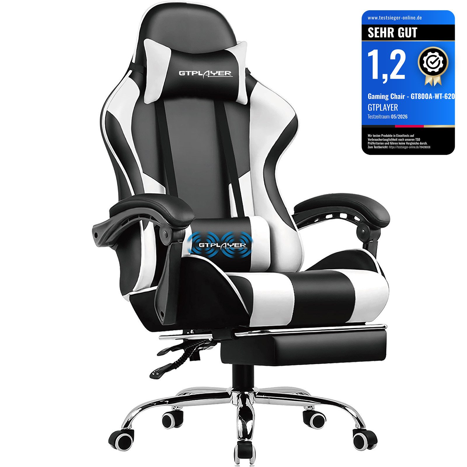 GTPLAYER Gaming-Stuhl Bürostuhl mit Massagefunktion, Fußstütze, Kopfstütze (Packung), Ergonomischer Gamer Stuhl Maximale Belastung 150 kg, 360° drehbar