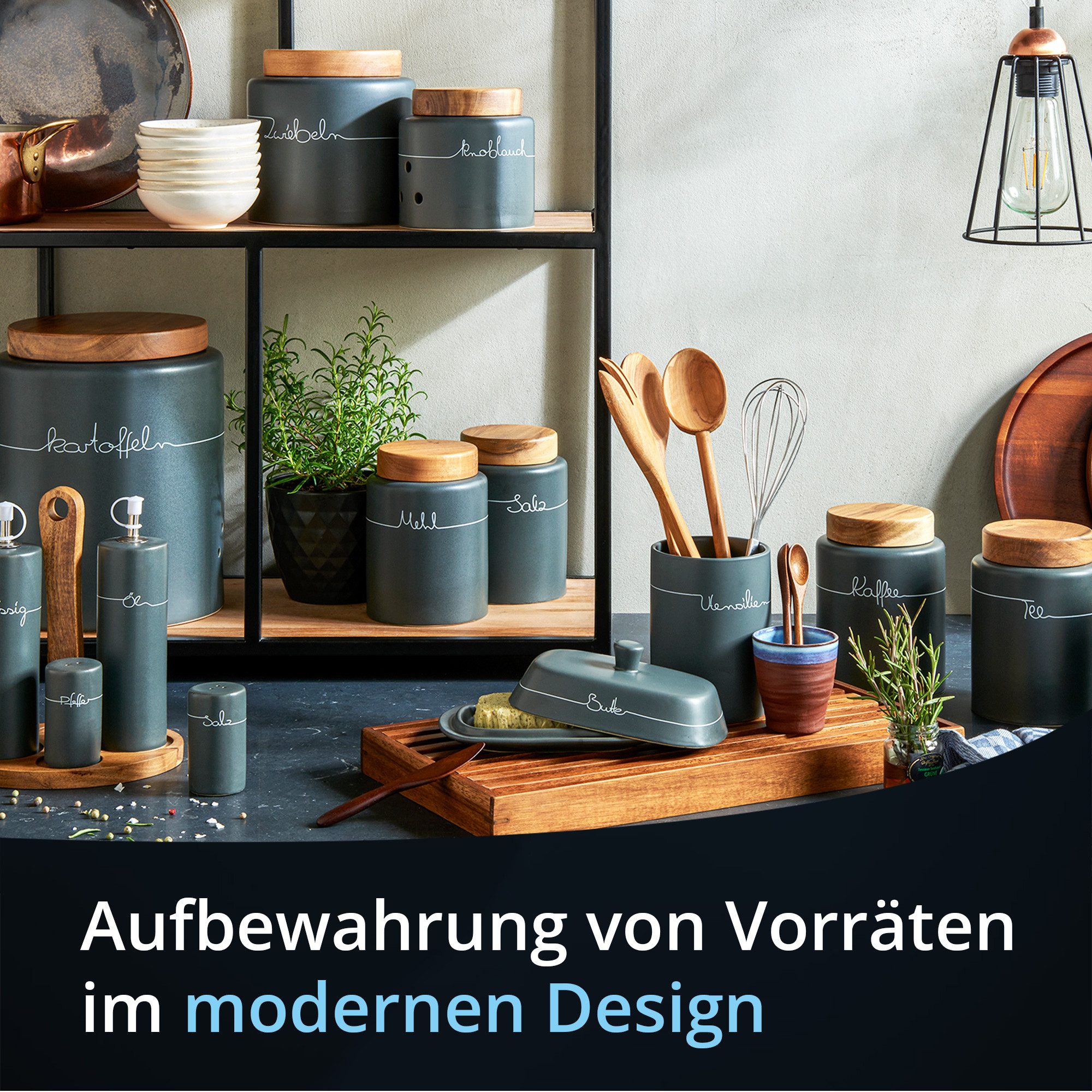 KHG Vorratsdose Menage Set 5-teilig aus Holz & Steinzeug für Essig Öl Salz Pfeffer, Steingut, Gewürz- und Öl/Essig-Set zur stilvollen Tisch- und Küchenpräsentation