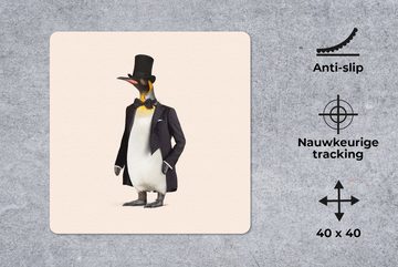 MuchoWow Gaming Mauspad Pinguin - Tier - Hut - Colbert - Schwarz (1-St), Mousepad mit Rutschfester Unterseite, Gaming, 40x40 cm, XXL, Großes