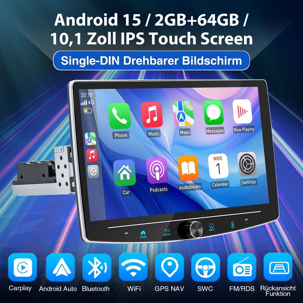 ESSGOO Android 15 Carplay Autoradio GPS RDS BT 1 DIN 360° Drehbar Bildschirm Autoradio (RDS, Digitalradio (DAB), FM, AM)