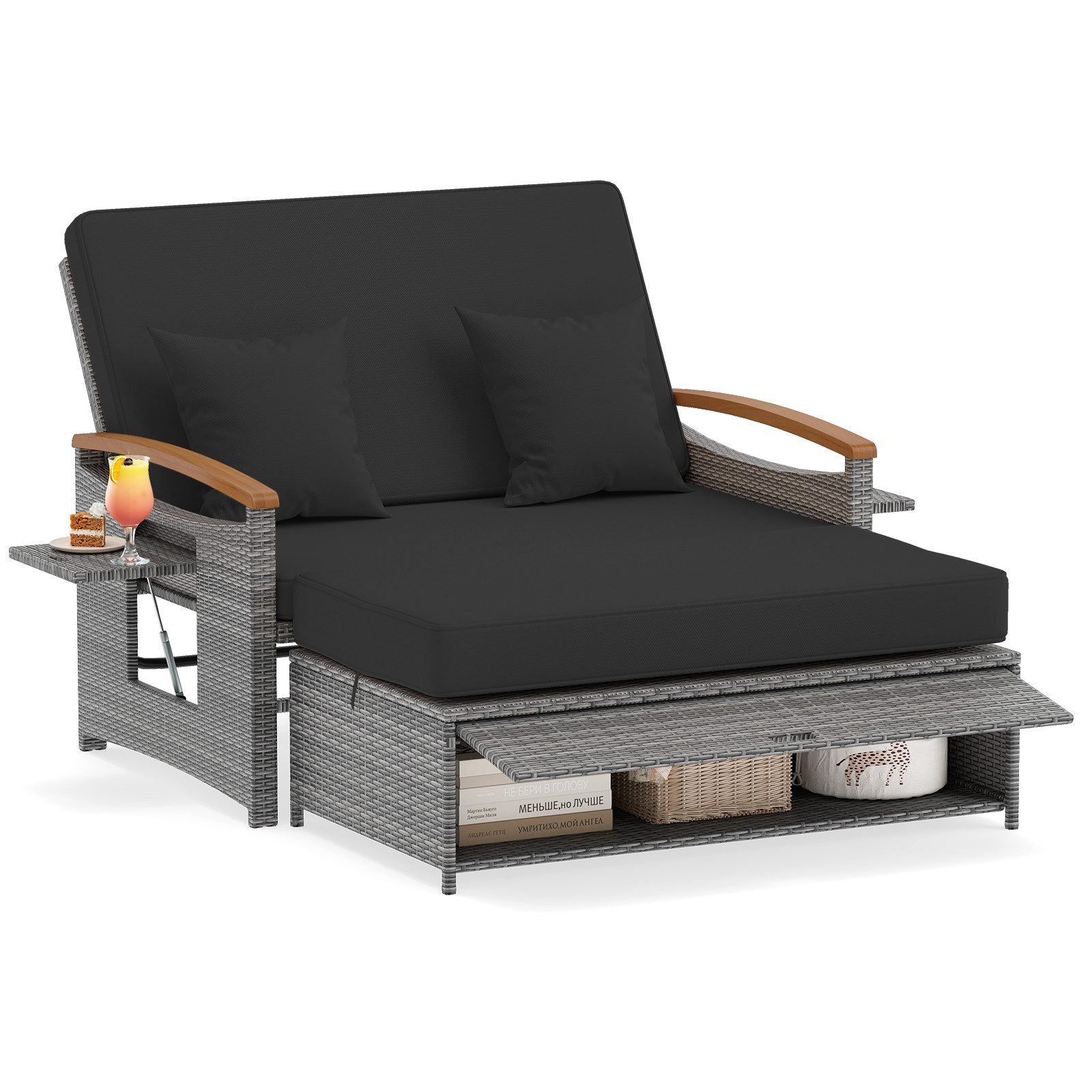 COSTWAY Loungebett outdoor, Rattan, 2-Personen, Gartenliege mit verstellbarer Rückenlehne