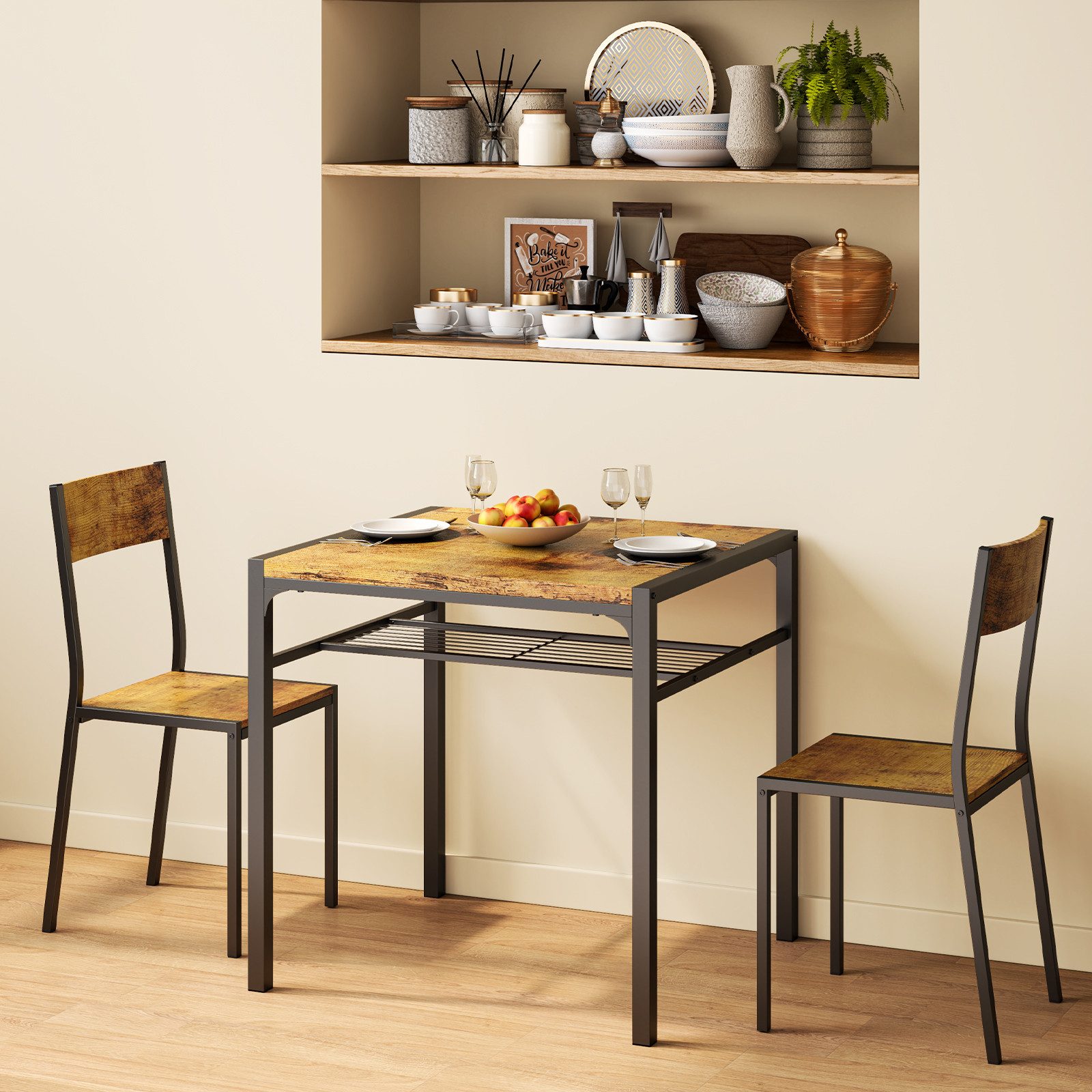 Bealife Essgruppe Esstisch-Set(3-tlg),Esszimmergruppe mit Regalen,Küchentisch,4 Stühlen