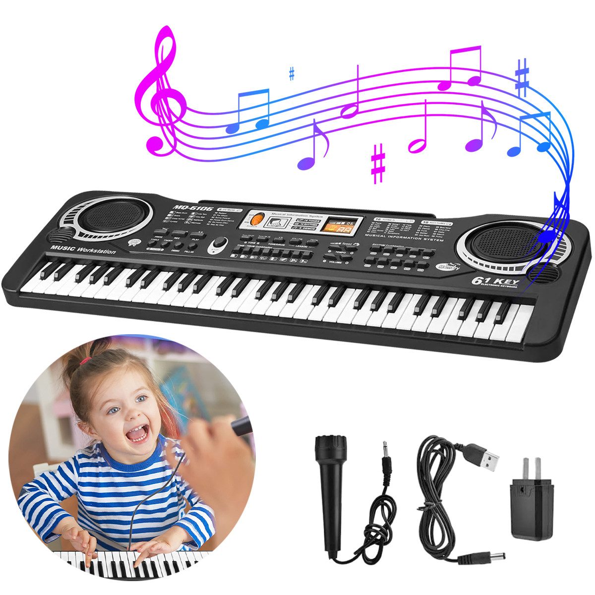 Cbei Digitalpiano Keyboard Digitalpiano Kinder-Keyboard mit 61 Tasten und Mikrofon (Mit Tastatur 61 Tasten+1 x Adapter (EU)+1 x USB-Kabel+1 x Mikrofon, mit 6 Demo-Liedern in Englisch), 16 Klangfarben, 10 Rhythmen, 8 Percussion-Instrumenten, 2 Lernfunktion