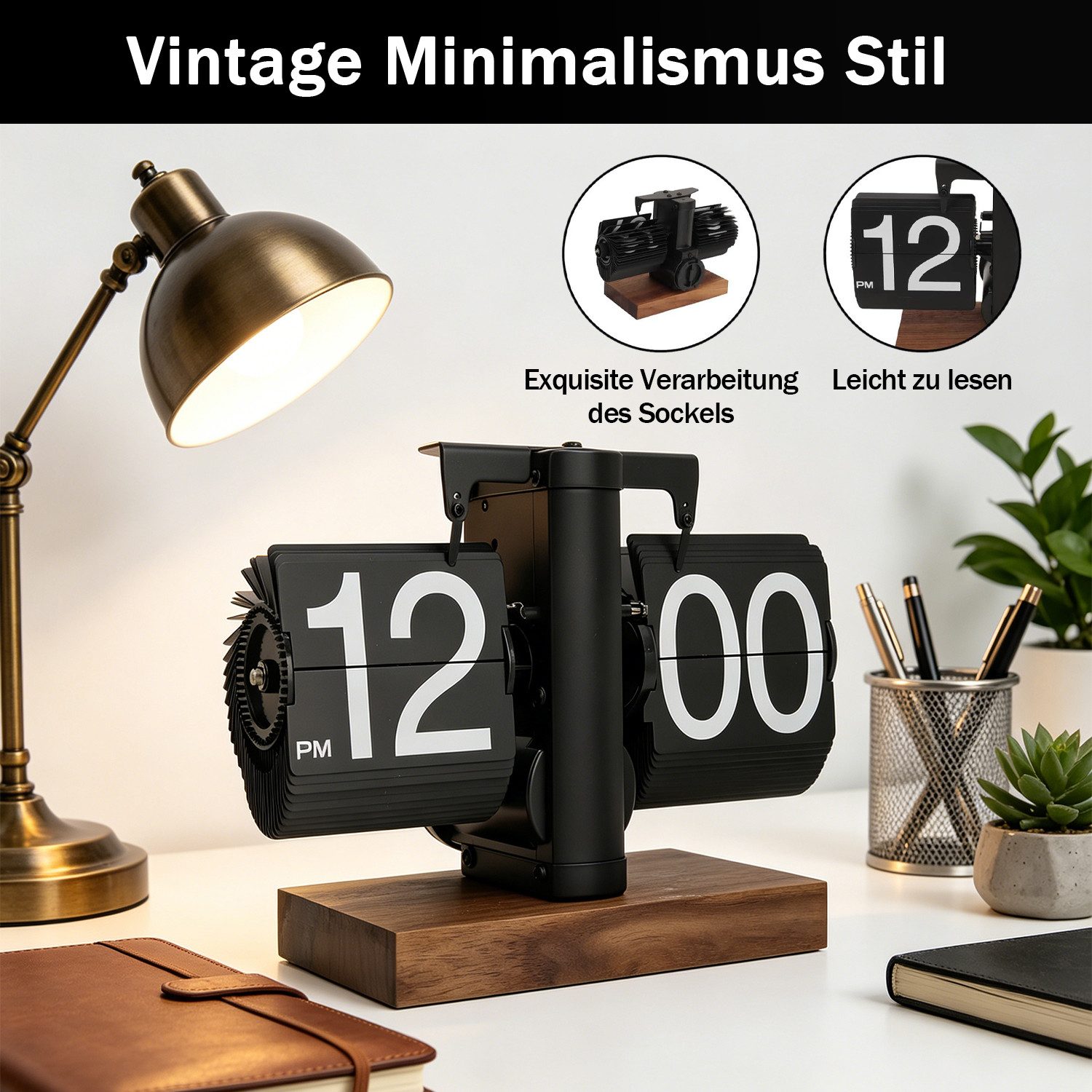 AKKEE Tischuhr Pendeltischuhr Retro Digital Flip Down Uhr Mit stabilem Standfuß automatisches Drehen, mechanische Schreibtischuhr – Bild 3 von 5