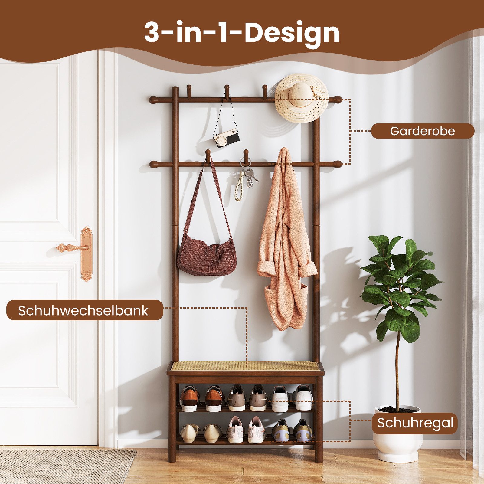 COSTWAY Kleiderständer, 3-in-1, mit Schuhbank, 2 Aufhängestangen & 13 Haken