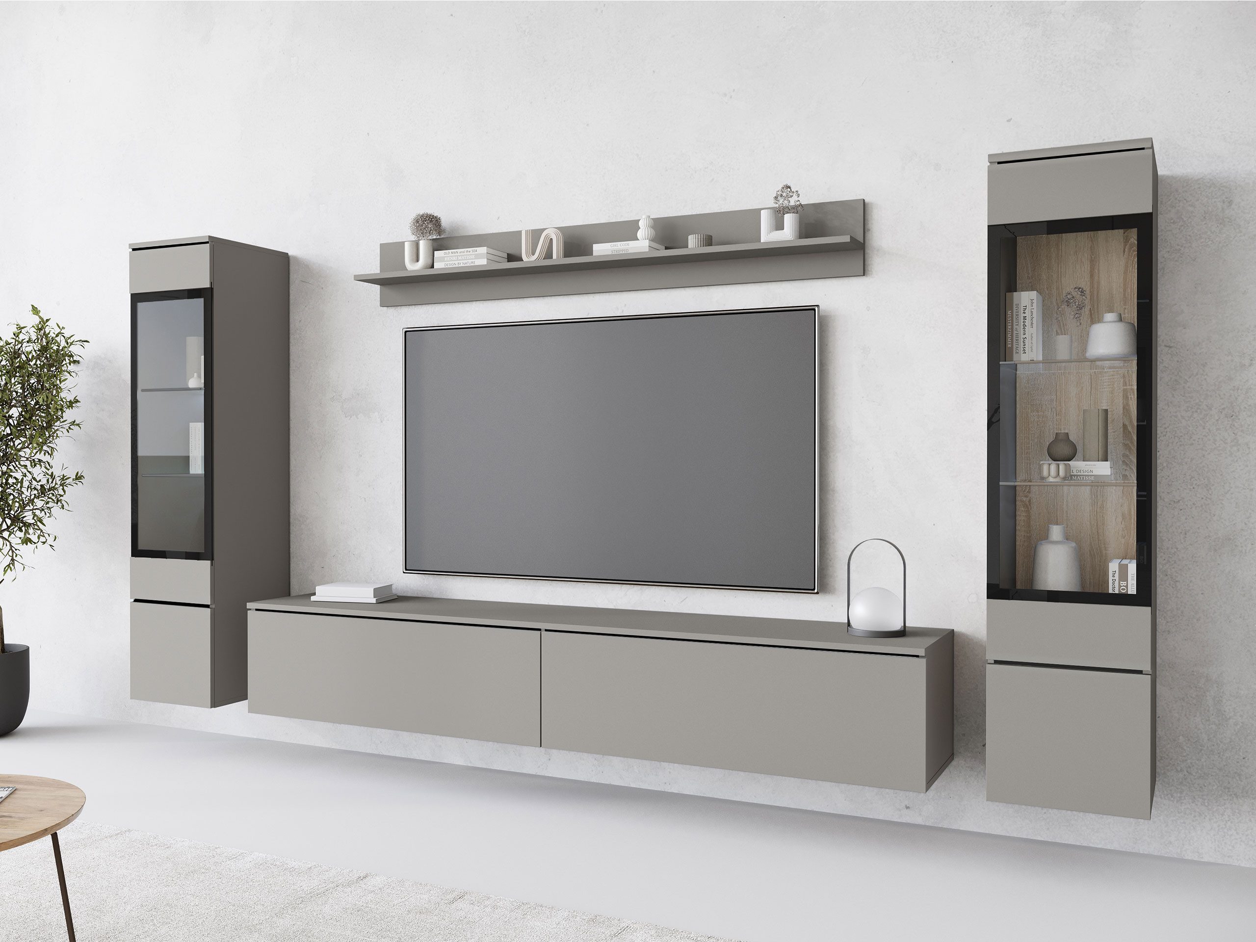 MIRJAN24 Wohnwand Vera II, (4er-Set, Wandregal, TV-Lowboard, 2x Hängevitrine), Glaseinlegeböden, Gehärtetes Glas, LED als Option