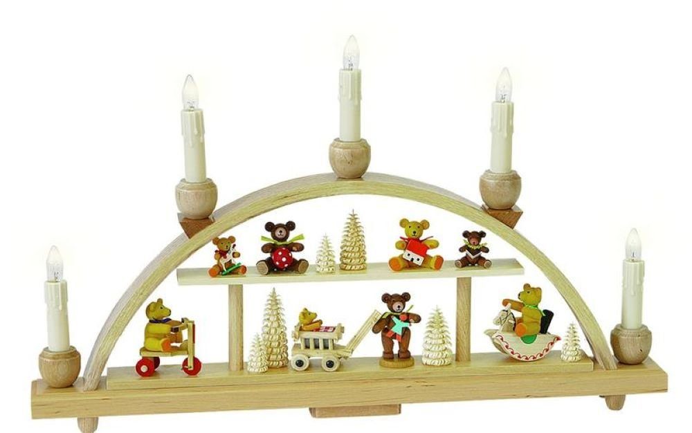 Richard Glaesser Schwibbogen Lichterbogen mit Teddybären, elektrisch beleuchtet, Höhe 28 cm, Handwerkskunst aus dem Erzgebirge