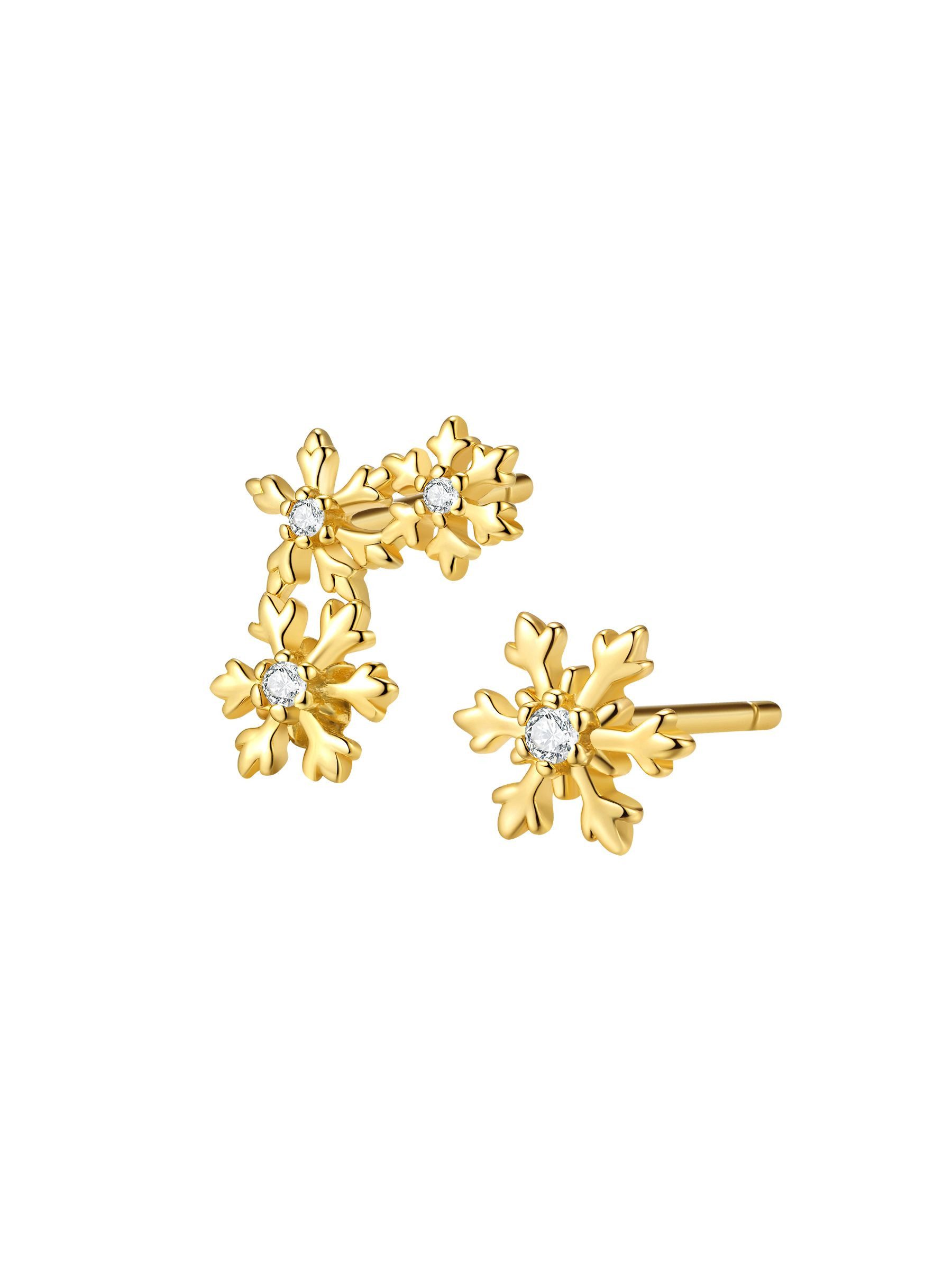 Hey Happiness Paar Ohrstecker Zirkonia Schneeflocken, für Damen & Mädchen, Festliche 925 Silber Damen Ohrringe, vergoldet