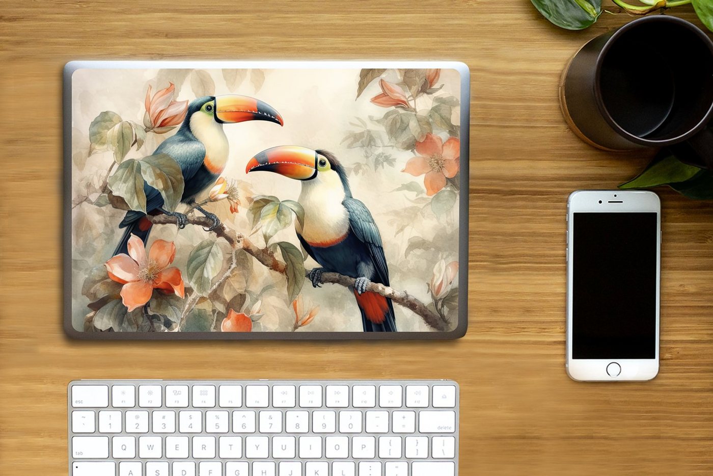 Thumbnail - MuchoWow Laptop-Aufkleber Tukan - Vögel - Blumen - Zweig, (1tlg), Laptop Folien Cover, Aufkleber, Sticker, Schutz vor Kr...
