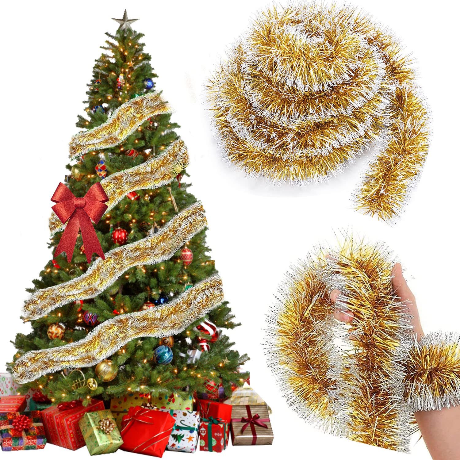 FOUORTUNATE-BEE Гирлянда декоративная Weihnachtsbaum Lametta Girlande Gold, 10 m Weihnachtsdeko Girlande Gold, Christbaumschmuck Girlande Gold