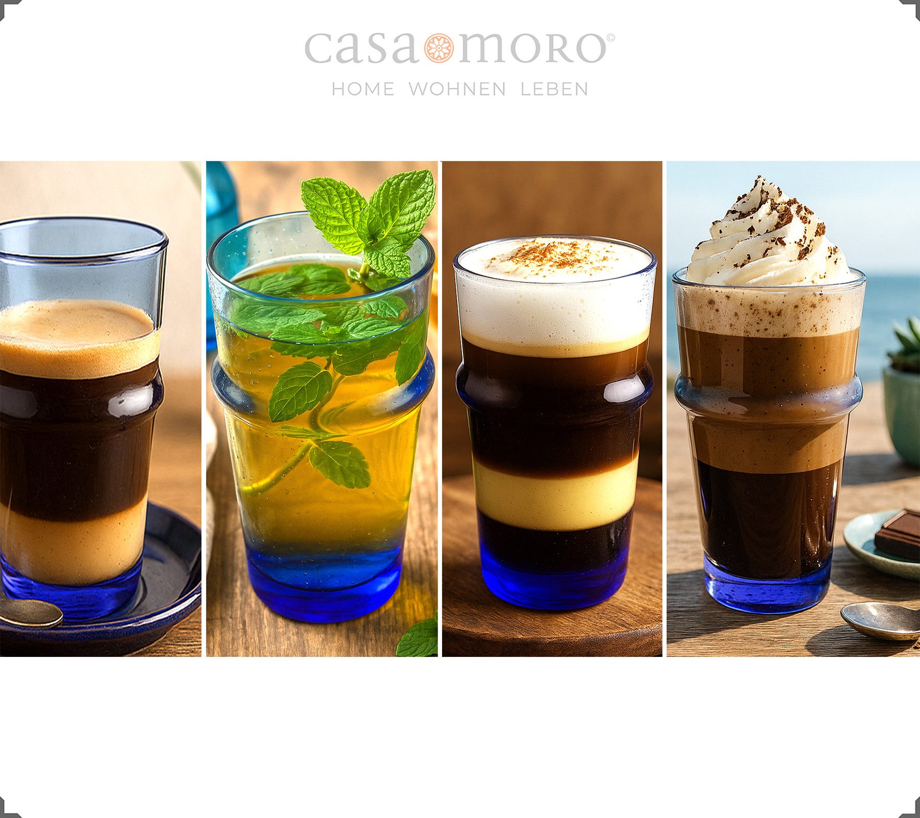 Casa Moro Gläser-Set Latte Macchiato Cocktail Gläser Set 4er Blau Dessertgläser Longdrink, 4-tlg., 4-teilig, 300 ml je Glas, für Kalt- und Heißgetränke, mundgeblasen