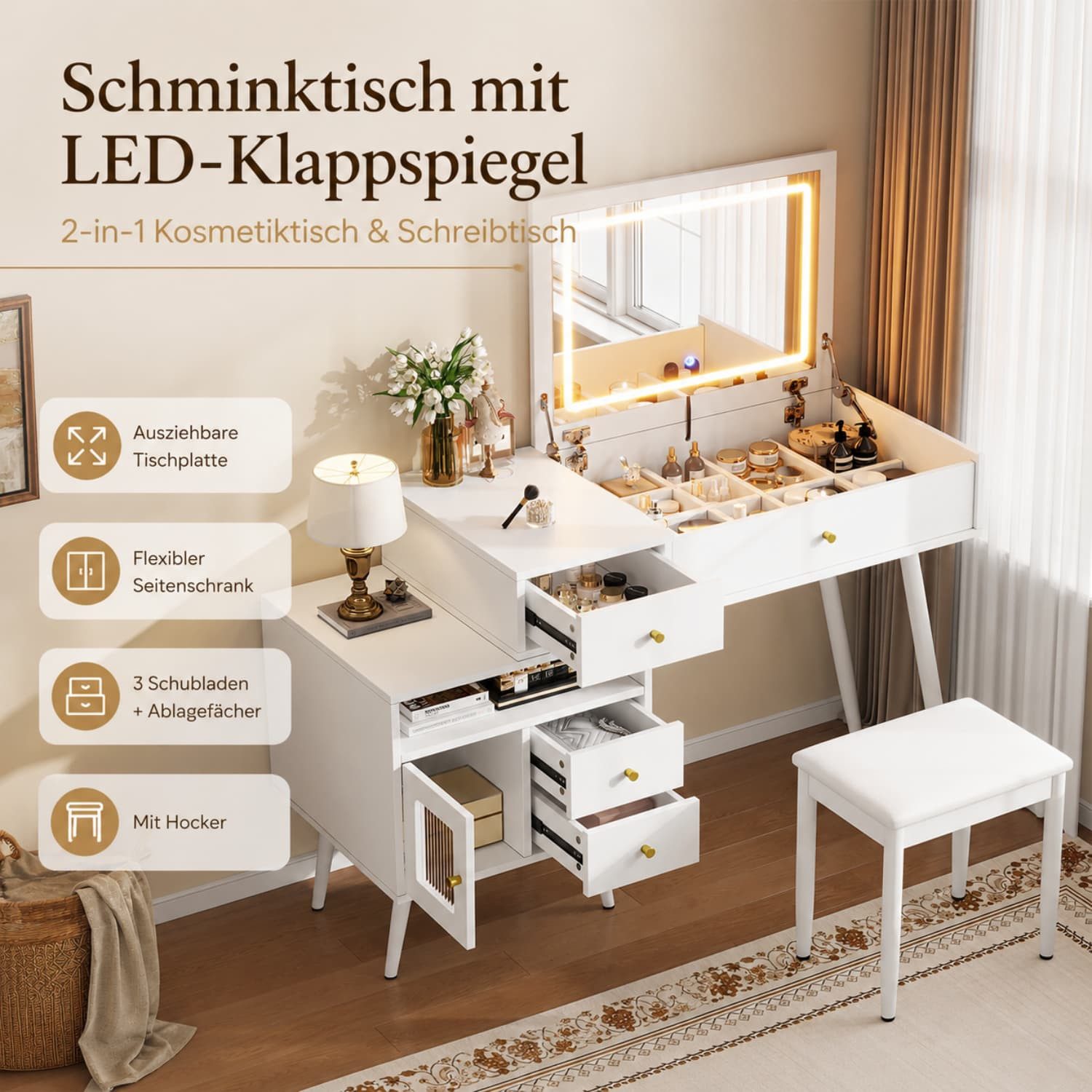 ANYSUN Schminktisch Set mit LED-Klappspiegel,Hocker,ausziehbare Tischplatte,3 Schubladen (Set, 1 Tisch mit 3-farbige LED-Beleuchtung,Seitenschrank,Metallgriffe), Kosmetiktisch mit Stauraum,Fächern für Schlafzimmer,Weiß,120×77,5×50cm