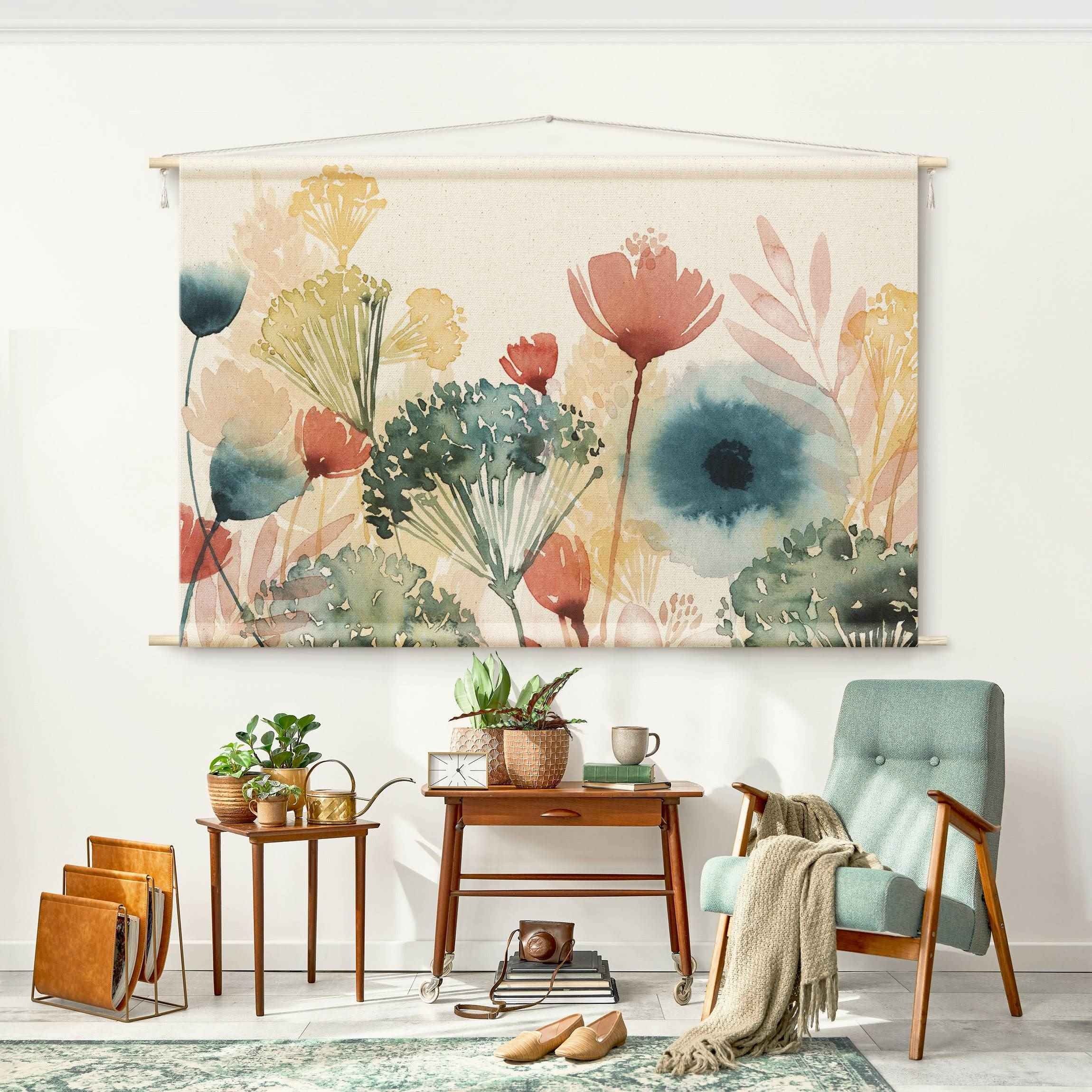 Bilderdepot24 Wandteppich modern Blumen Aquarell Landhaus weiss, rechteckig, Höhe: 2.6 mm, großes Wandbild aus Natur-Baumwolle Wandbehang Stoffbild Tuch Wollseil