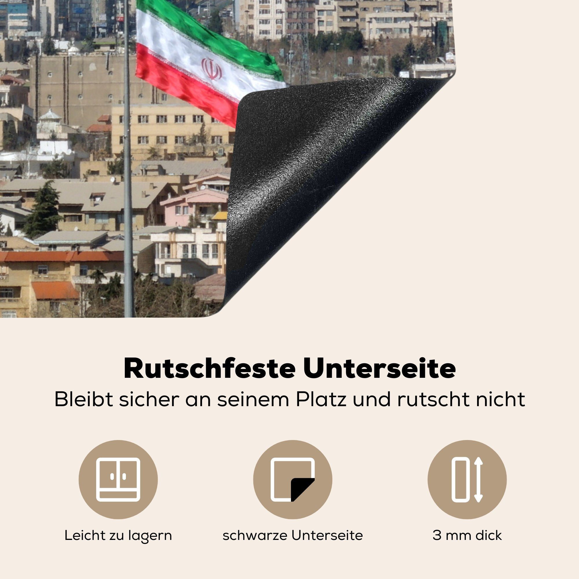 Vinyl, (1 in Arbeitsfläche nutzbar, iranischer Flagge 70x52 MuchoWow Herdblende-/Abdeckplatte cm, tlg), Teheran, Mobile Gebäude mit Ceranfeldabdeckung