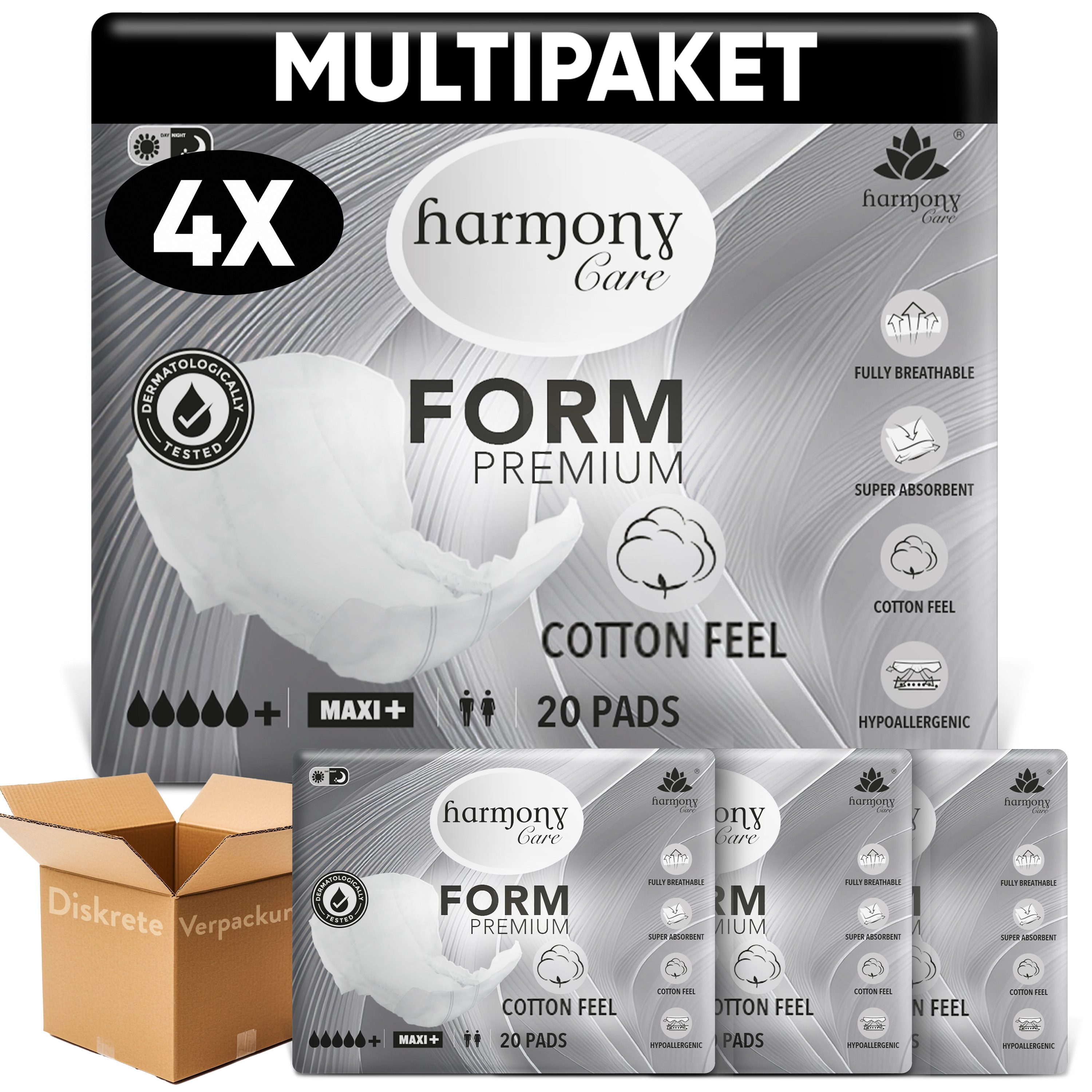 Harmony Care Inkontinenz-Einlage Harmony Care® Form Maxi+ Inkontinenzvorlagen Unisex stark, Maxi-Schutz, bei starker Inkontinenz, 80-St., trockenes Hautgefühl, Inkontinenzeinlage für Fixierhosen + Bettlägrige