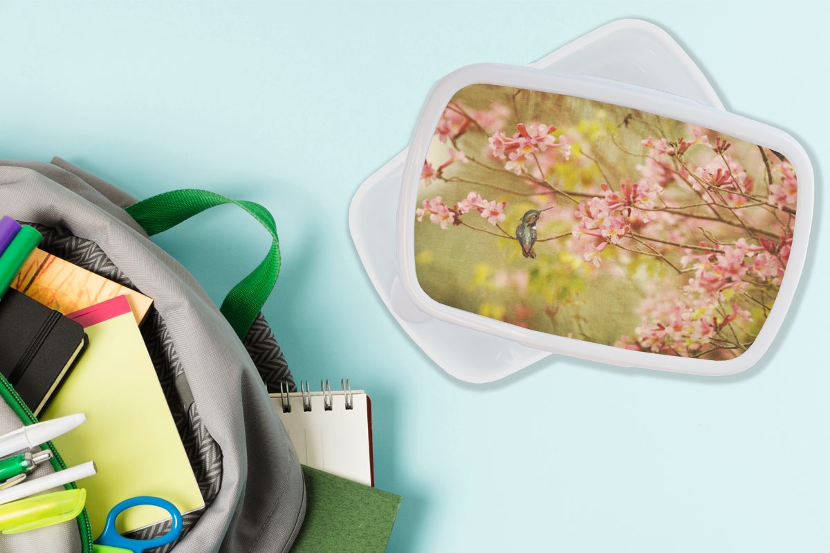 Brotdose, MuchoWow Kolibri Lunchbox Mädchen Kunststoff, weiß Brotbox (2-tlg), und - Erwachsene, Kinder für Rosa, Jungs Blüte Vogel - für und -