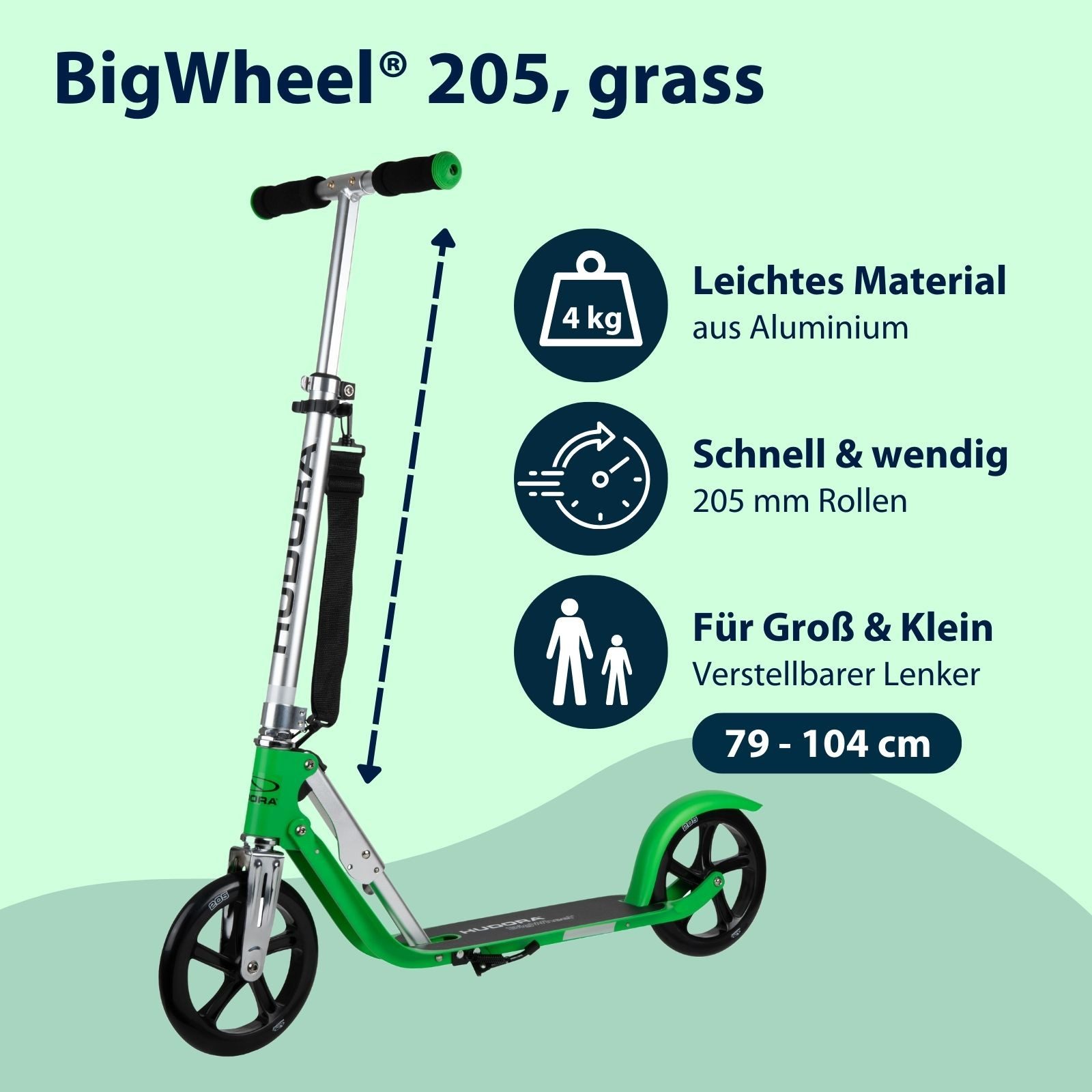 Hudora Cityroller BigWheel® 205, Scooter inklusive Kabelschloss, höhenverstellbarer & zusammenklappbarer Tret-Roller