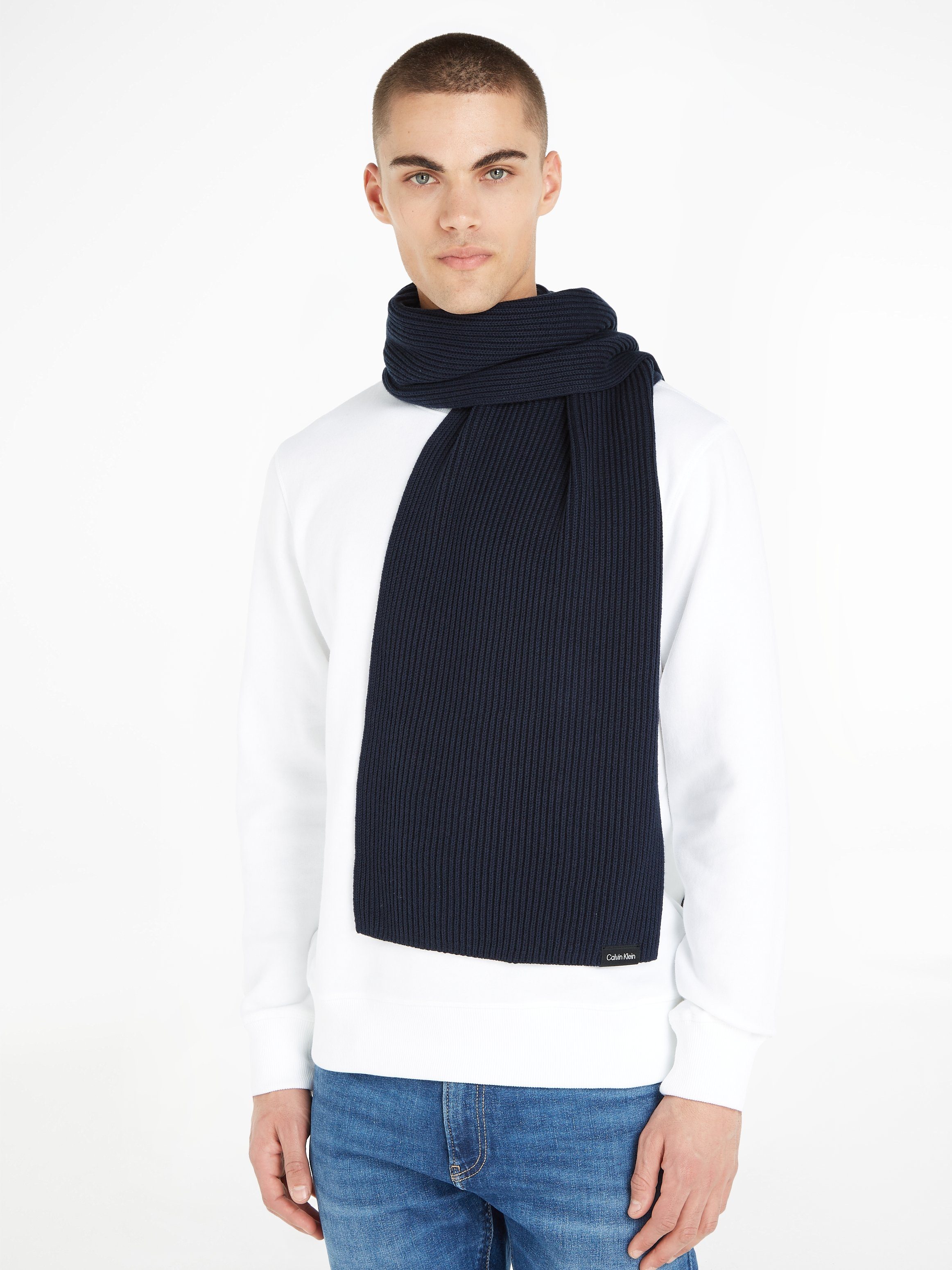 Calvin Klein Schal CLASSIC Navy COTTON Markenlabel mit RIB KNIT SCARF, Ck