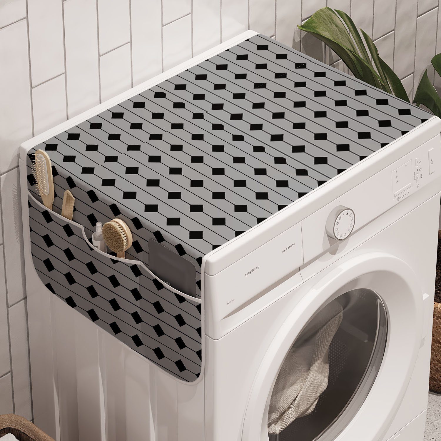 Abakuhaus Badorganizer Anti-Rutsch-Stoffabdeckung für Waschmaschine und Trockner, grau Geometric Square und Stripes
