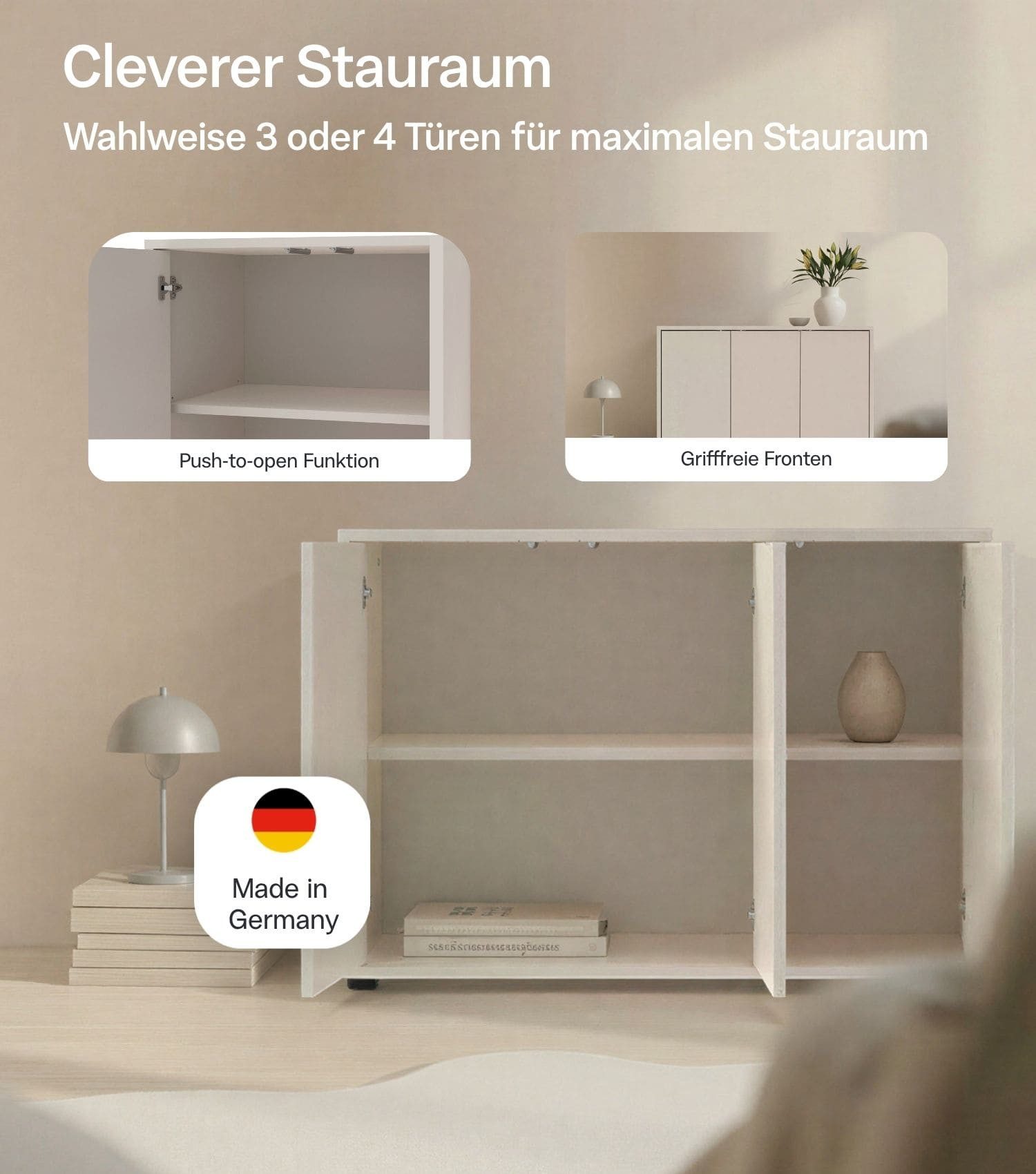 mokebo Sideboard 'Horizon' Holz Kommode Push-to-Open Türen Schrank (73x103 cm, mit Einlegeböden), Made in Germany, Kommode Beige, Beistellschrank, Anrichte in K – Bild 3 von 5