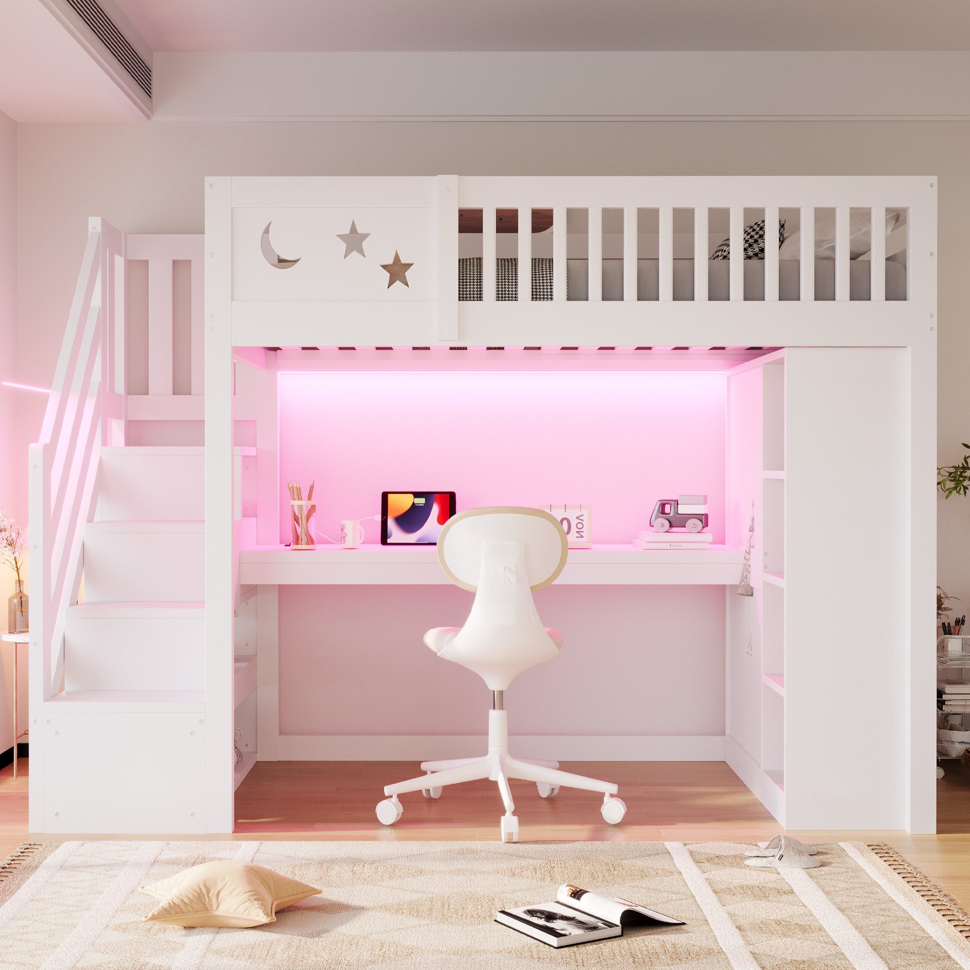 i@home Hochbett Aus Holz-Hochbett,Multifunktionsbett,Loft-Bett,mit Stauraum,90x200cm mit Schreibtisch,LED-Beleuchtung,Steckdose,Kleiderschrank,Weiß – Bild 4 von 5