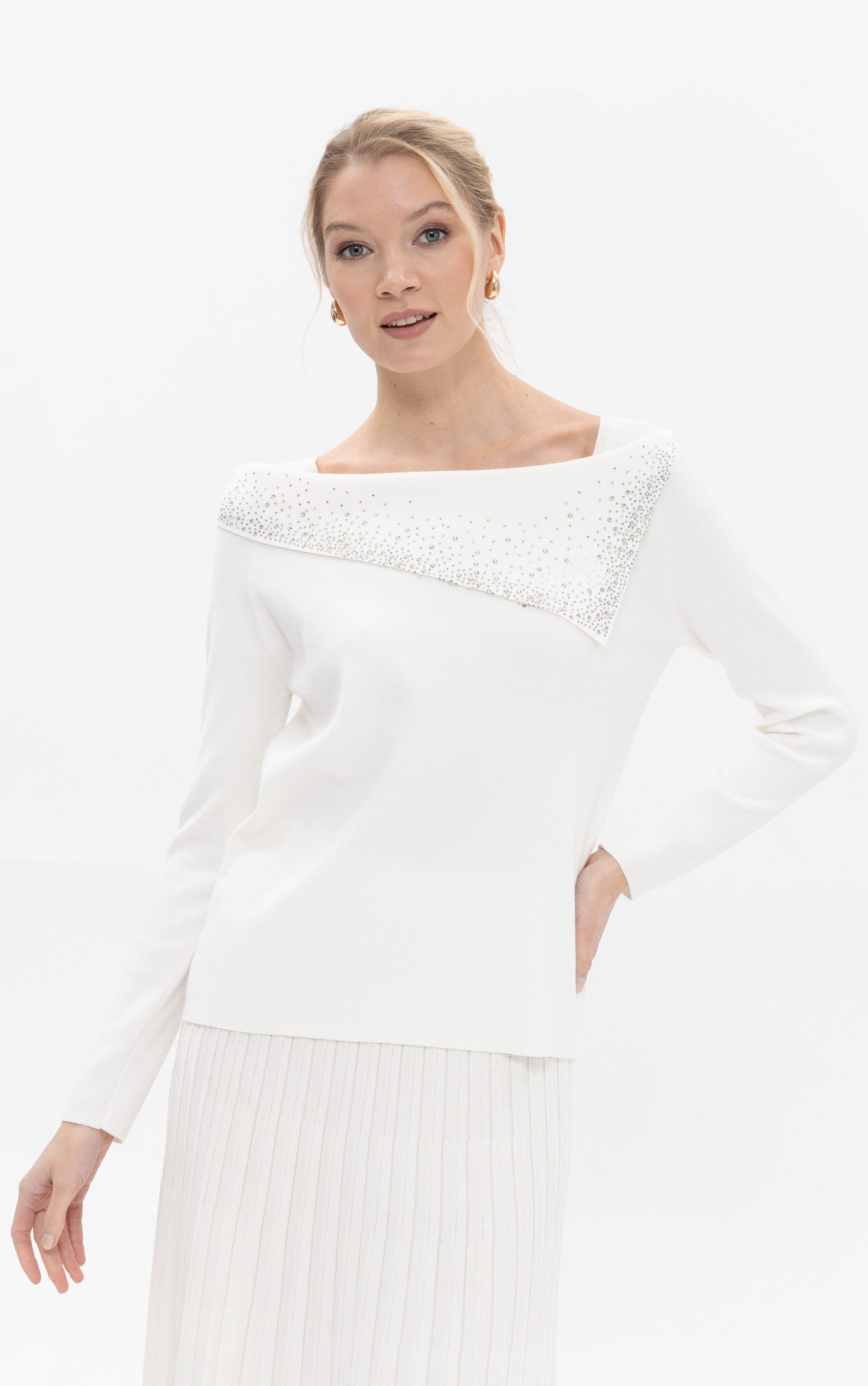 Strickpullover Off-Shoulder mit Umschlagkragen