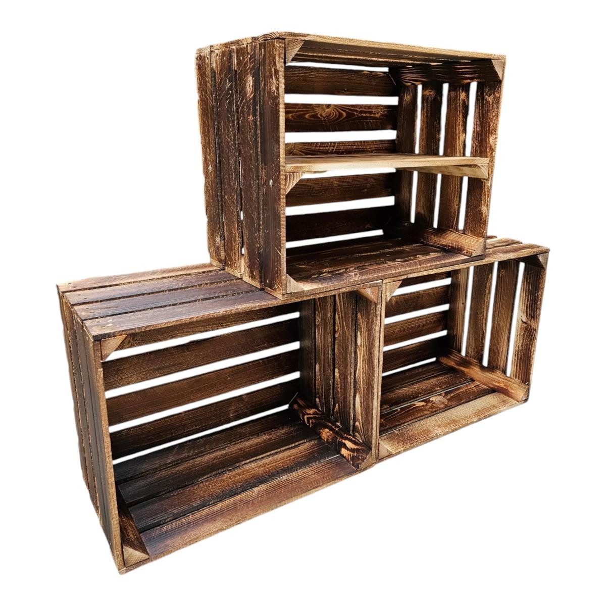 Teramico Holzkiste Obstkisten 50 x 40 x 30cm Geflammt 3er Set Regal Lang, Vintage Obstkiste