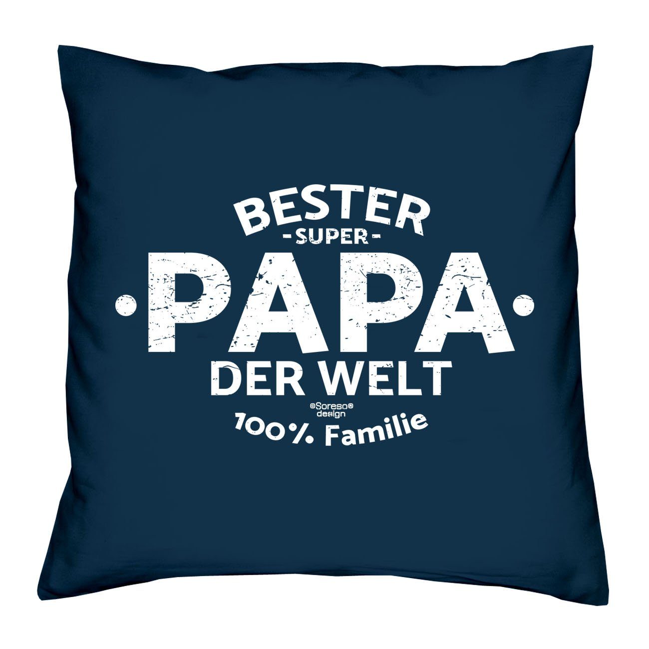 Soreso® Dekokissen Kissen-Set Papa Geschenk der mit Urkunden, Bester Vatertag navy-blau Welt Beste Muttertag Mama Welt der
