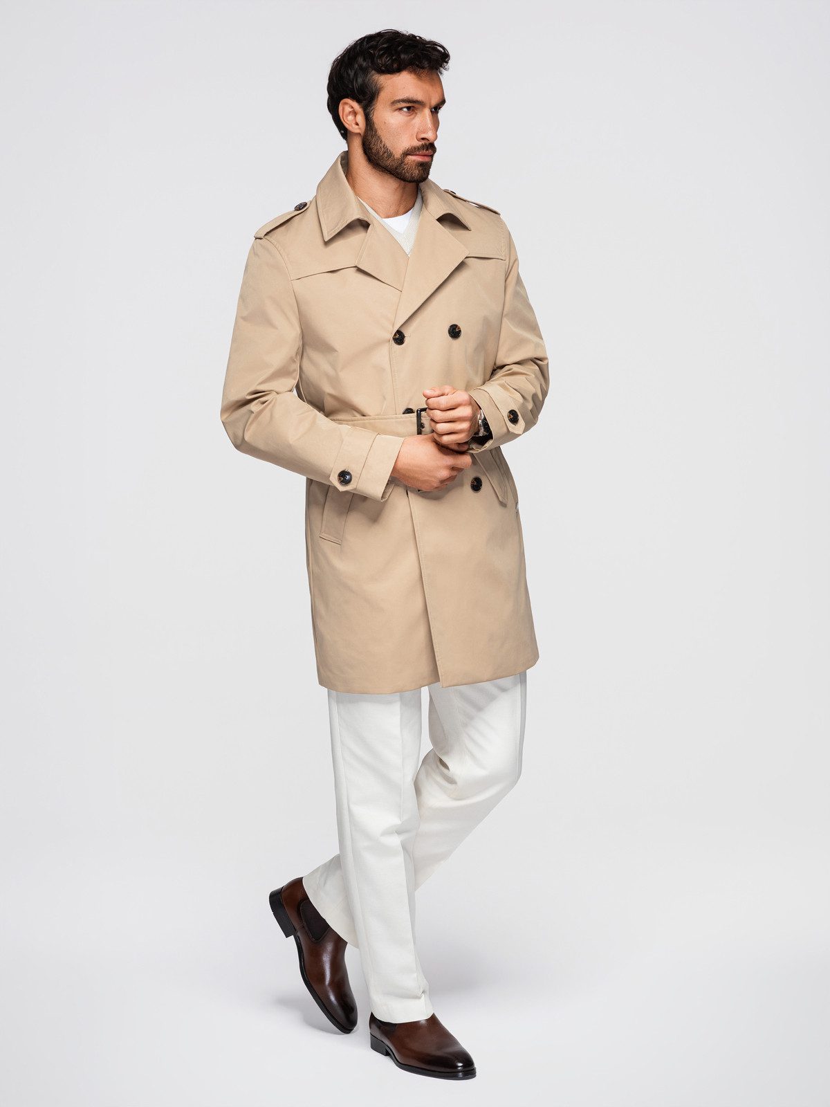 OMBRE Trenchcoat Herren Trenchcoat Slim Fit mit Gürtel Elegant Beige XXL (kein Set, 1-tlg) Regulierbarer Taillengürtel mit Schnalle, Schulterklappen