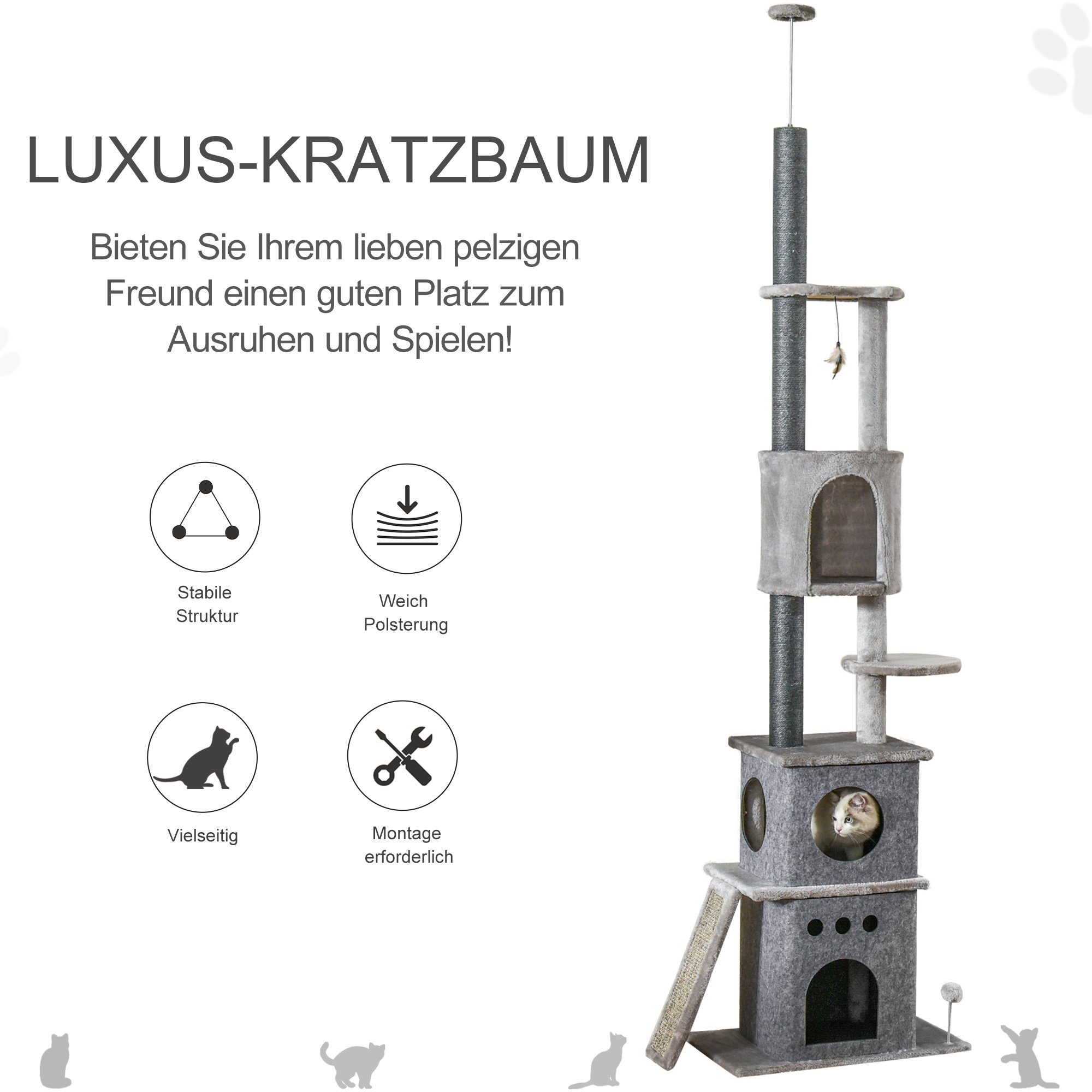 PawHut Kratzbaum Katzenbaum Deckenhoch Kletterbaum mit Katzenspielzeug, Sisal Plüsch Hellgrau höhenverstellbar 60 x 40 x 225-255 cm