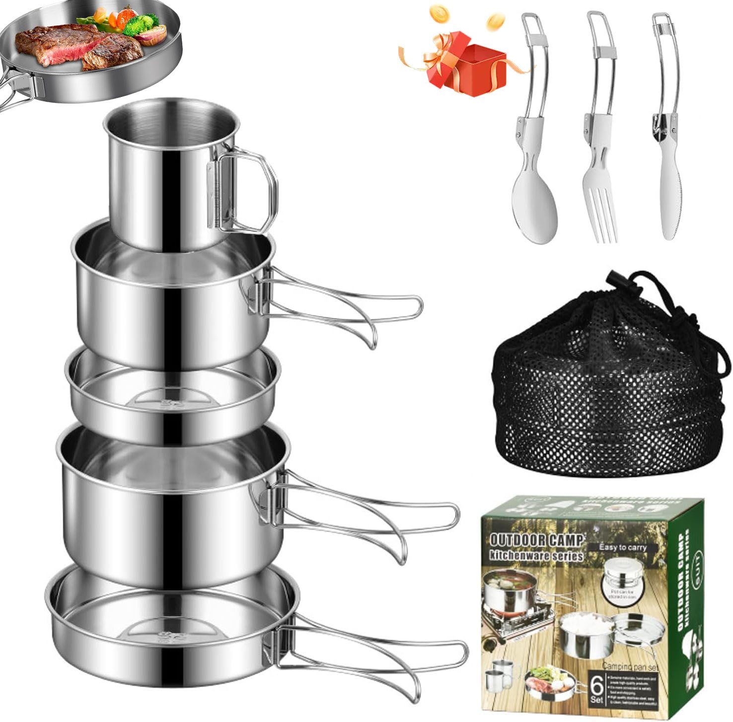 Topf-Set 8-teiliges Camping-Besteckset, Camping-Kochgeschirr aus Edelstahl