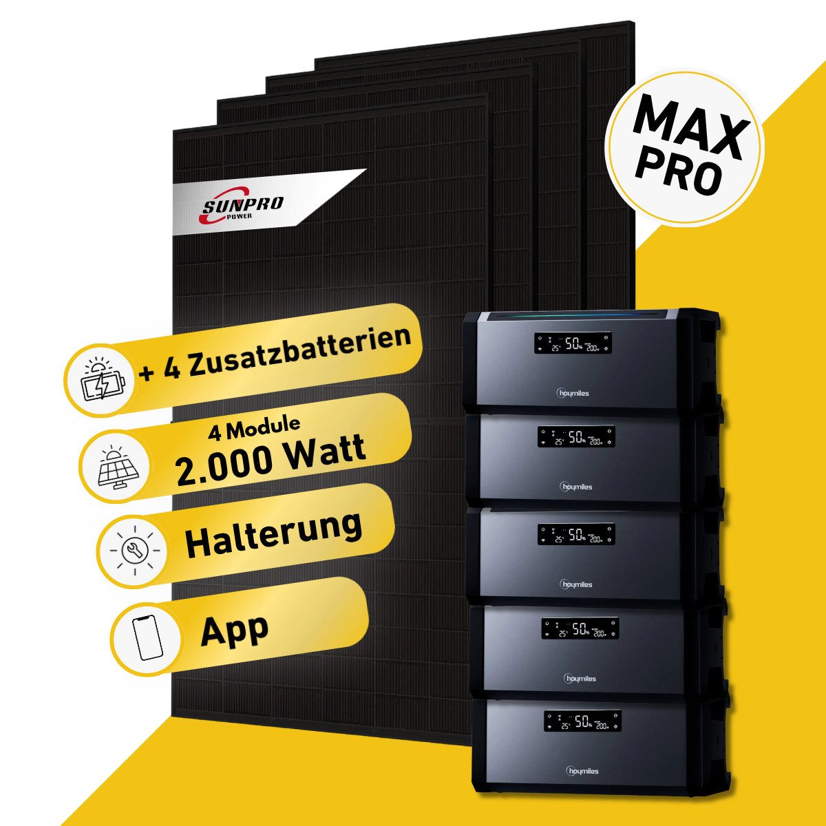 Balkonstrom Balkonkraftwerk MAX Pro 2000 Watt Solaranlage mit Speicher Komplettset Bifazial, 2000 W, Monokristallin, (4x Sunpro Solarmodul á 500 Watt, 1x Hoymiles HiBattery 1920 AC, 1-5 Zusatzspeicher Hoymiles HiBattery), Halterung für Dach, Fassade, Balkon & Garten, App & Plug&Play DE