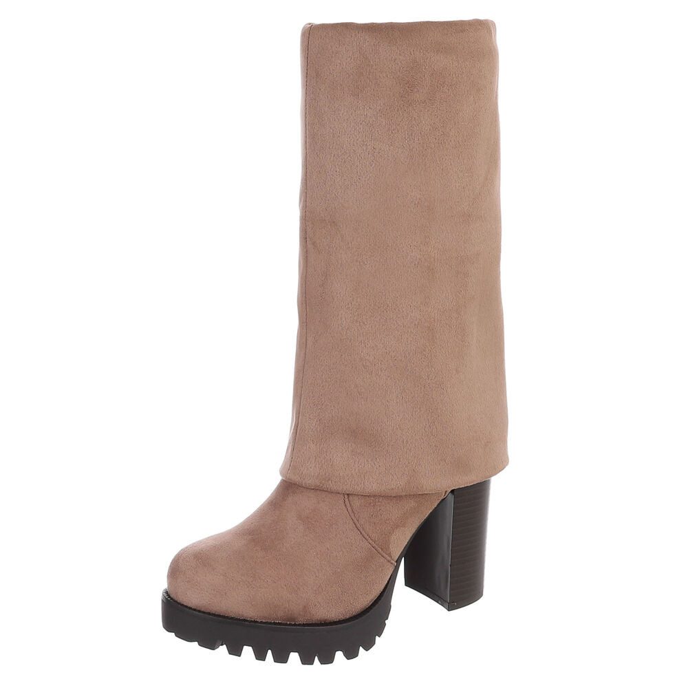 Ital-Design Kniehohe Stiefel mit Absatz für Damen im Alltag Overkneestiefel (90726982) Blockabsatz Stiefel in Beige