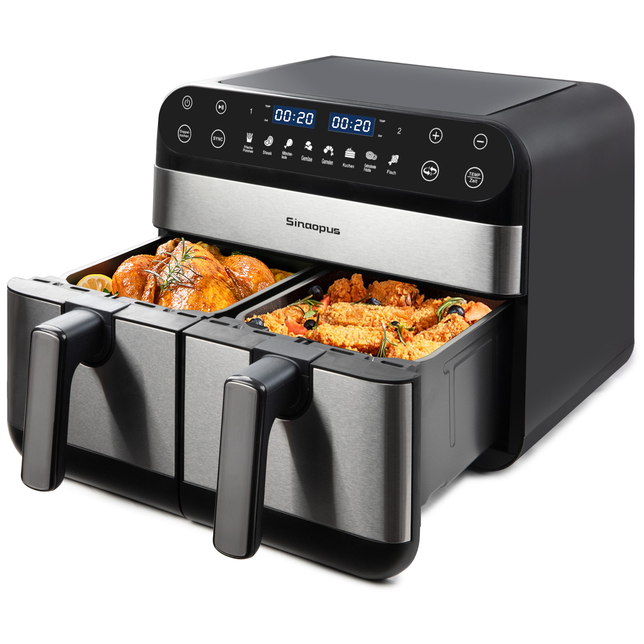 Sinaopus Heißluftfritteuse 10 L Dual-Zonen – 2.400 W XXL Air fryer mit 8 Programmen, 2400 W, LED-Touchscreen, Antihaft-Frittierkörben & 360° Heißluftzirkulation