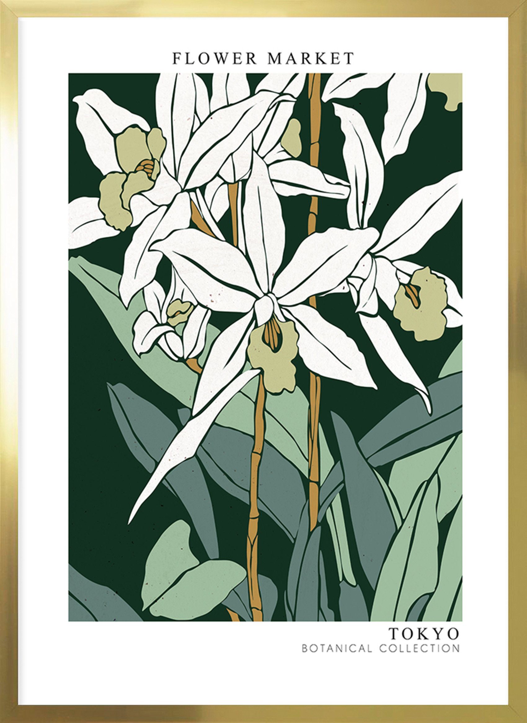 Bild Dschungel gold | Rahmen Palmen Ideas Blüten weiße beschichtet ohne Rahmen, Stück), cm weiß Home Bild Blumen Cosy mit - Wandbild Kunstdruck 60x90 (1 mit Glas