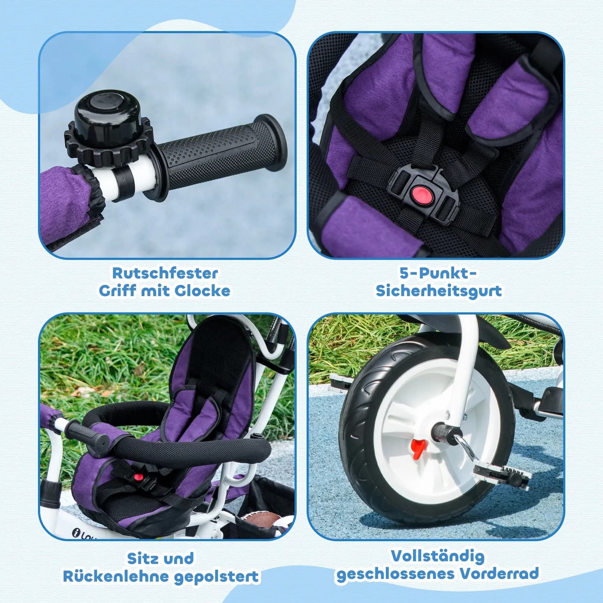 autolock Dreirad-Kinderwagen 6-in-1 Kinderdreirad mit Schiebestange,Dach,Gurt,Ablagekorb