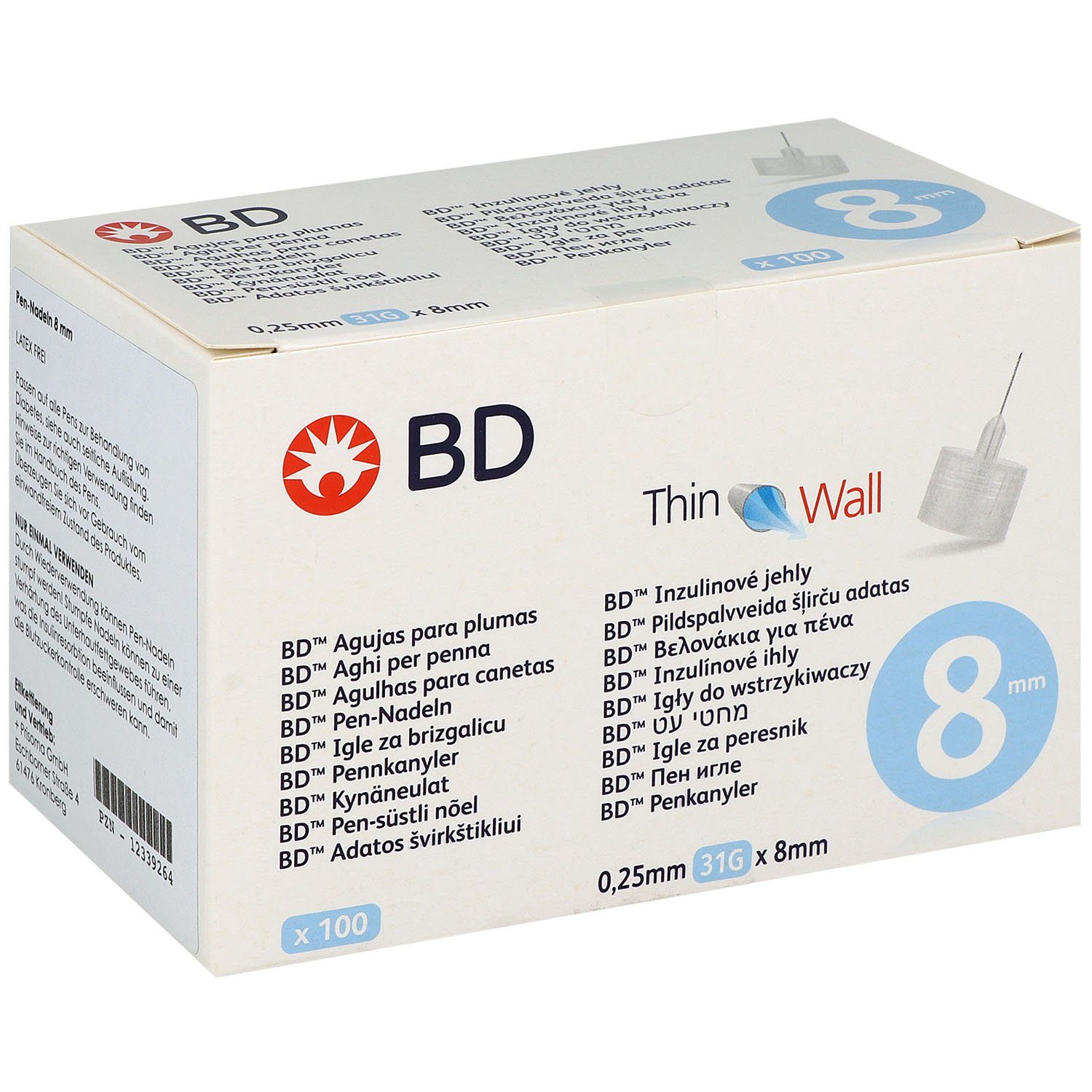 Becton Dickinson Ланцети BD Pen-Nadeln Thin Wall 8x0,25mm, 31,00G, 100 St., Spar-Set, Thin Wall Technologie, Blutzucker, Vielseitige Anwendung für gängige Insulin-Pens, 100 tlg., Diabeteskontrolle, Silikonbeschichtete und elektropilierte Oberfläche
