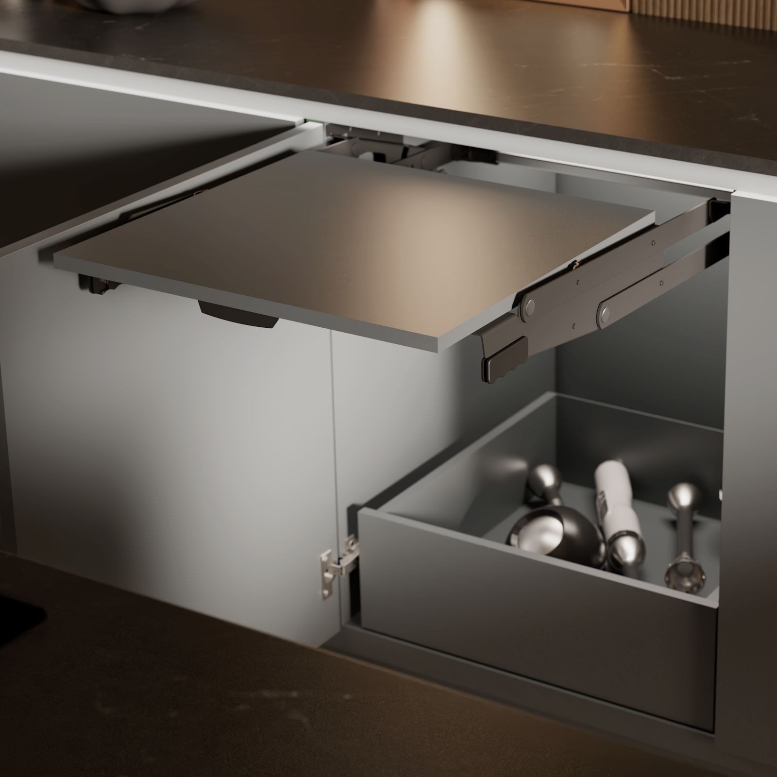 Kesseböhmer Möbelbeschlag ChefsTable Parallelschwenkmechanik Unterschrank (1 St), Tischplatte 450 x 474 x 16 mm für KESSEBÖHMER ChefsTable