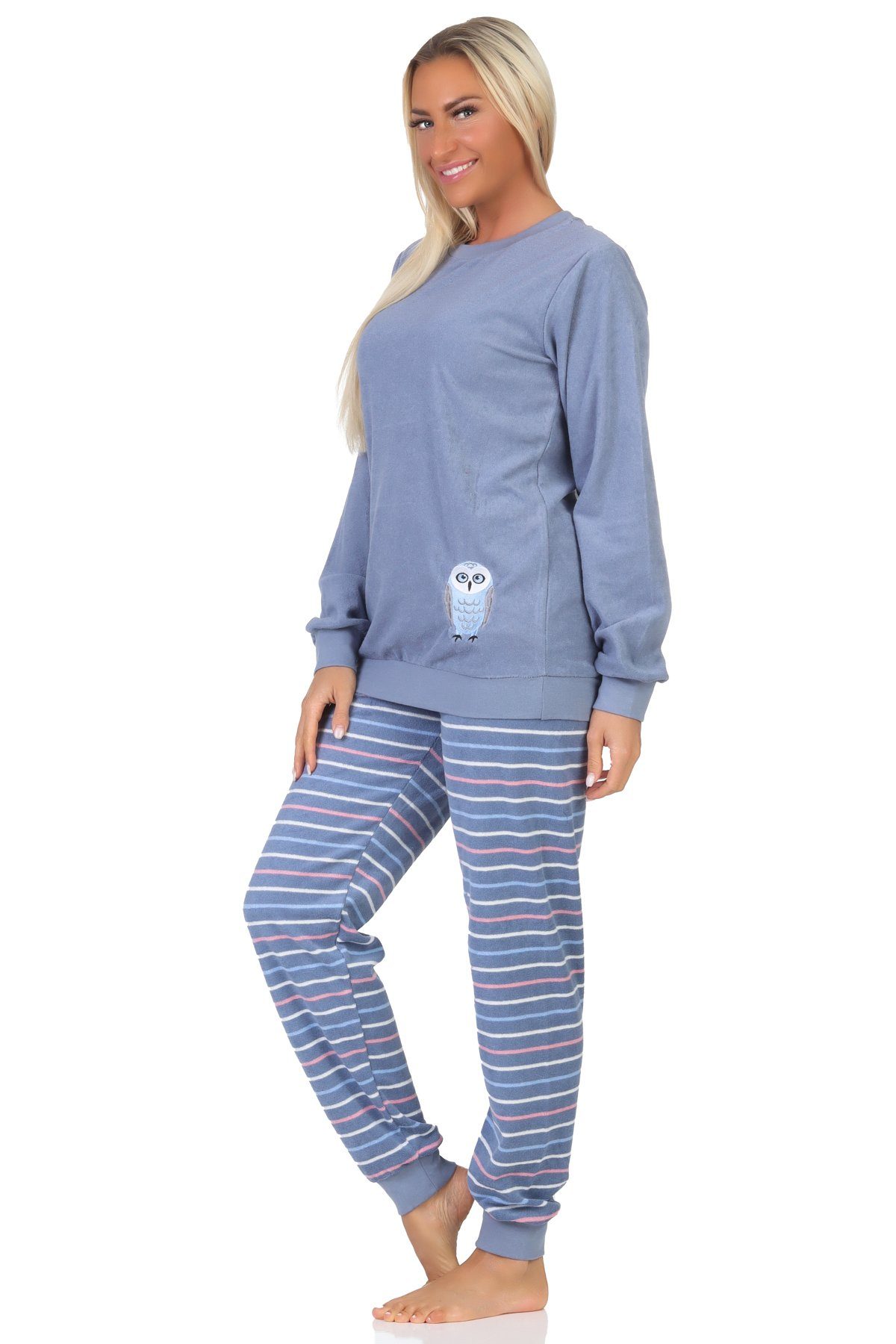 Normann Pyjama mit Schlafanzug Damen Tiermotiv und Frottee Normann langarm Bündchen blau